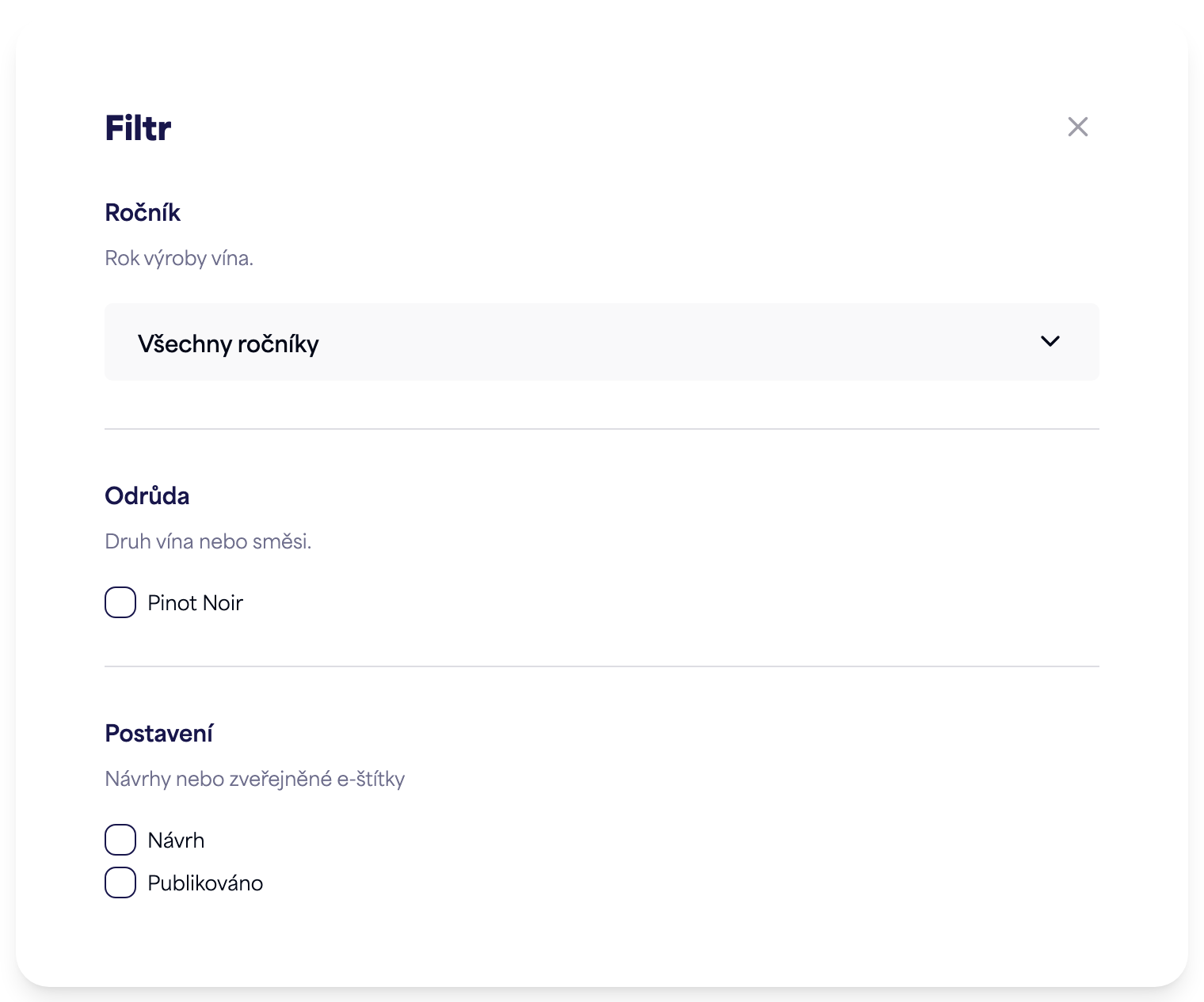 Panel filtru s možnostmi ročníku, odrůdy a stavu