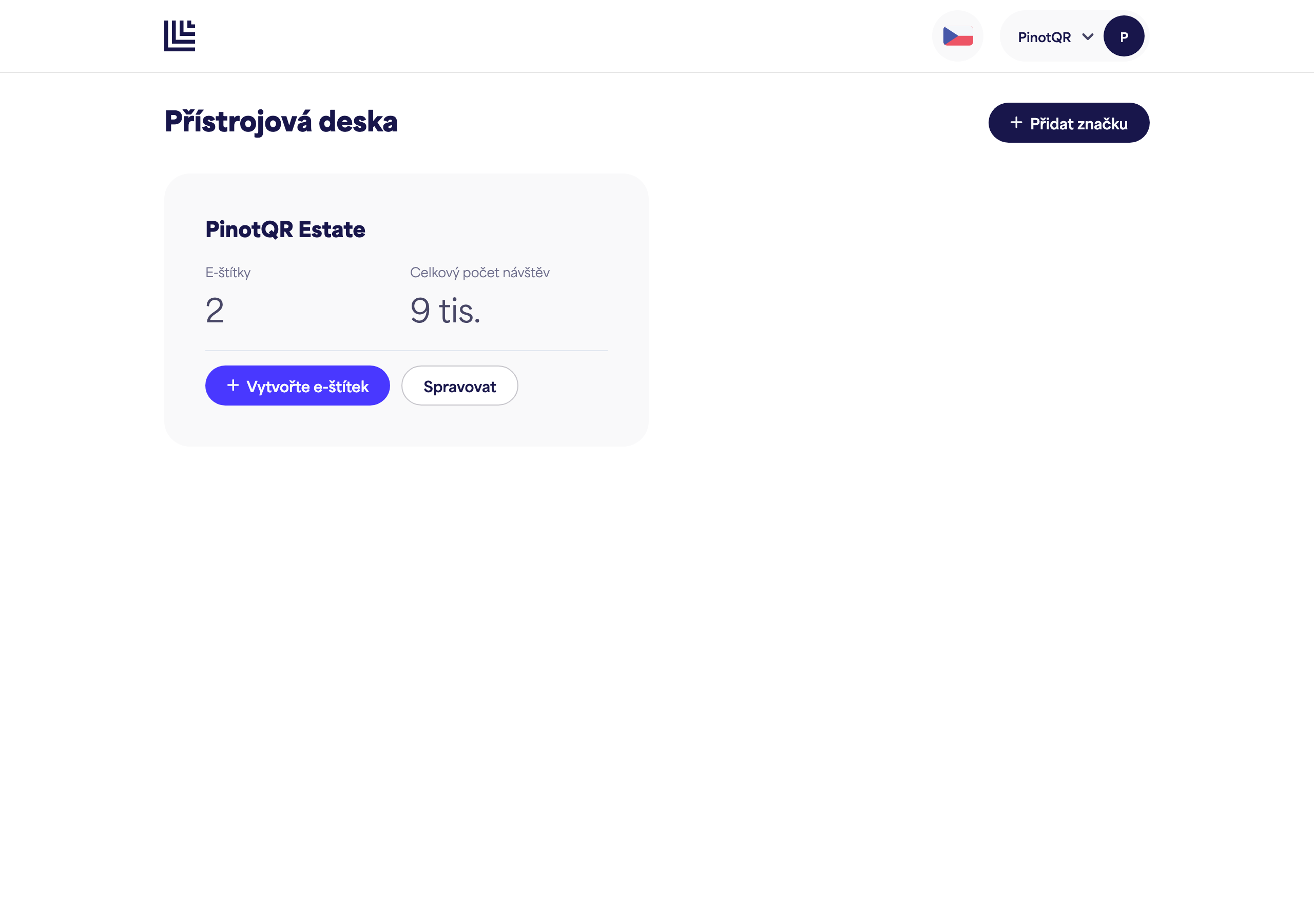 Ovládací panel zobrazující nově vytvořenou kartu značky
