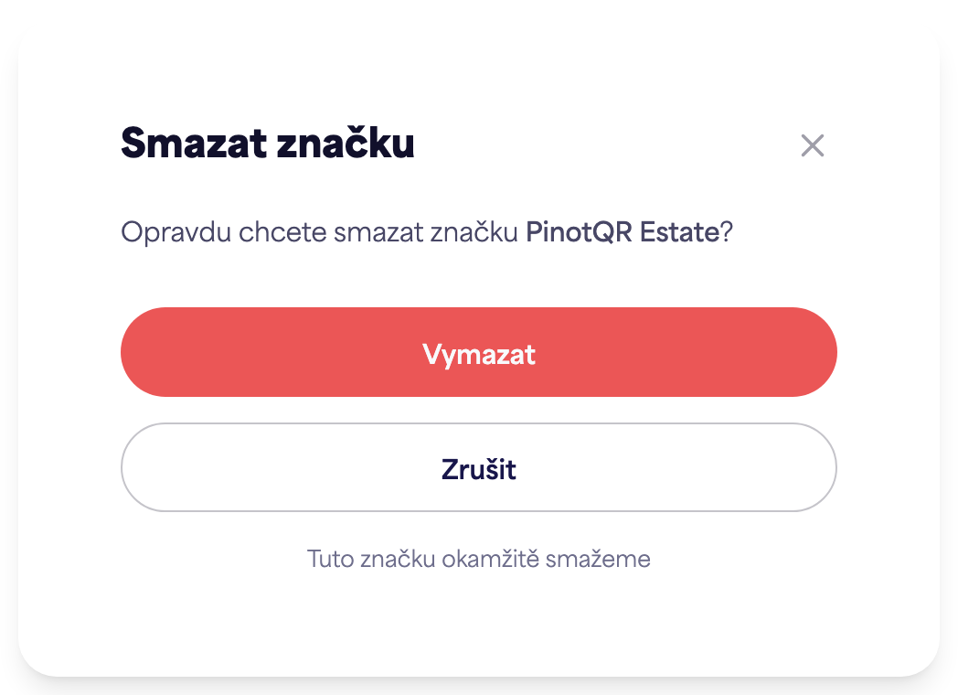 Potvrzovací dialogové okno „Smazat značku“ varující před existujícími e-etiketami
