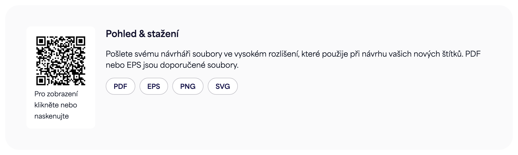 Sekce QR kód na stránce e-štítku s tlačítky pro stažení PDF, EPS, PNG a SVG