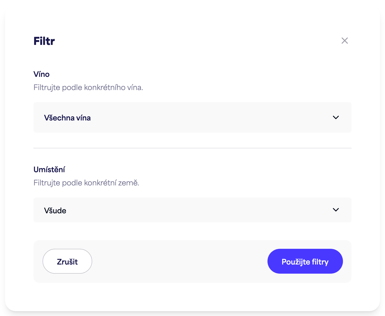 Panel filtru Přehledy (čas, víno, lokace)