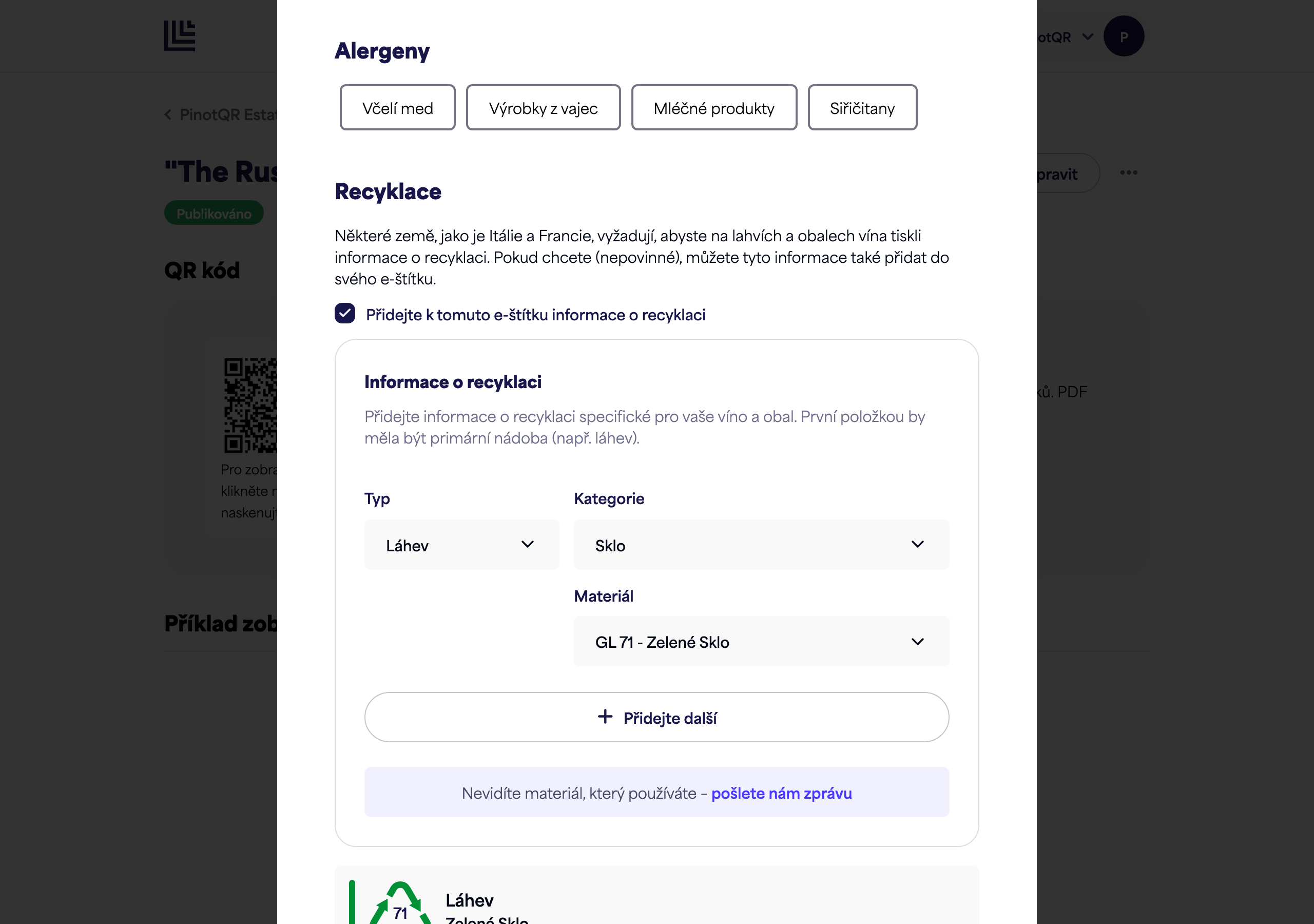 Sekce Alergeny s možnostmi alergenů