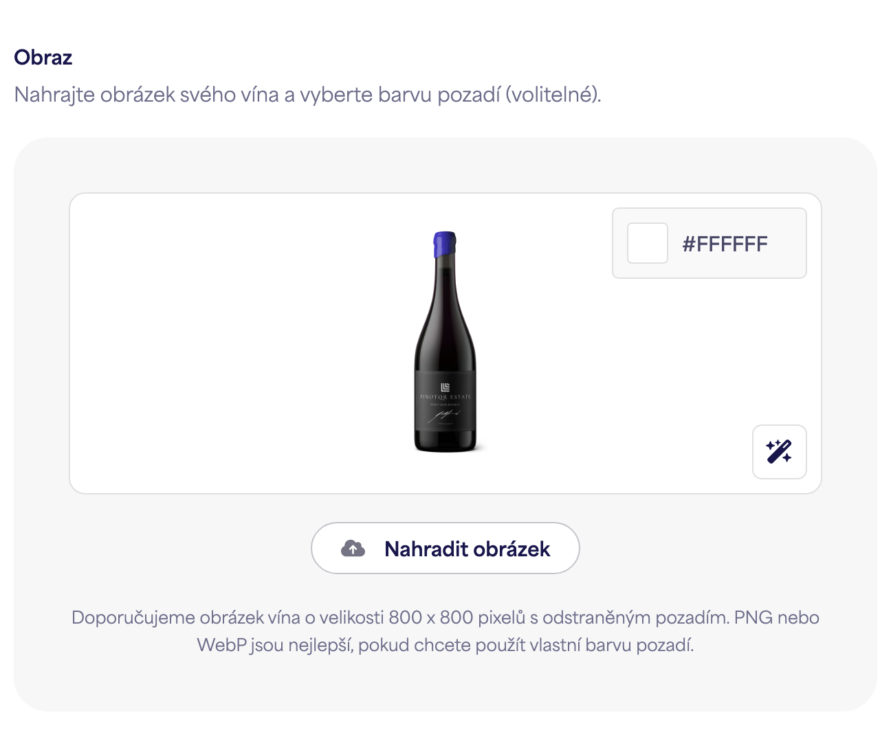 Nahrávač obrázků láhve s ukázkovým obrázkem vína