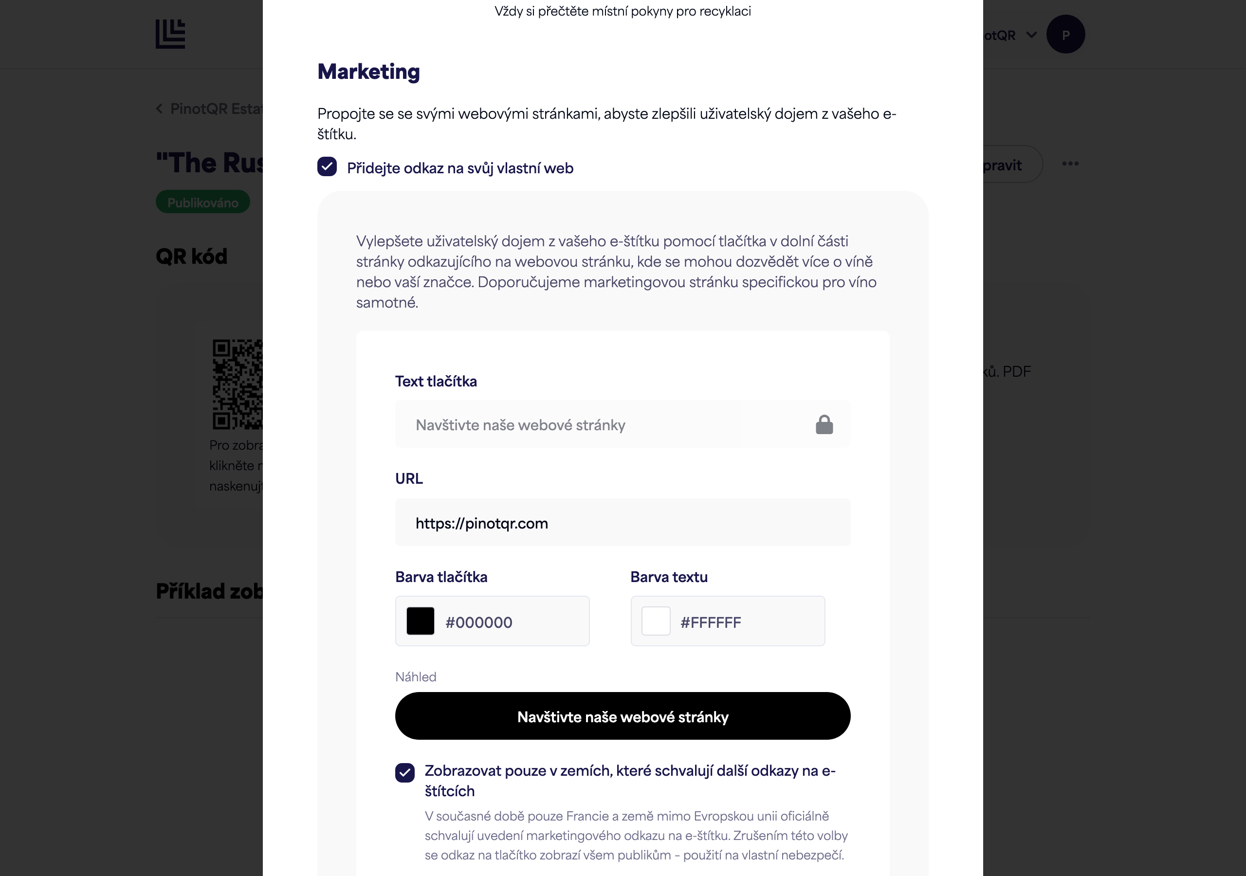 Sekce Marketing s přepínačem, textem tlačítka, URL a výběrem barev plus živým náhledem tlačítka