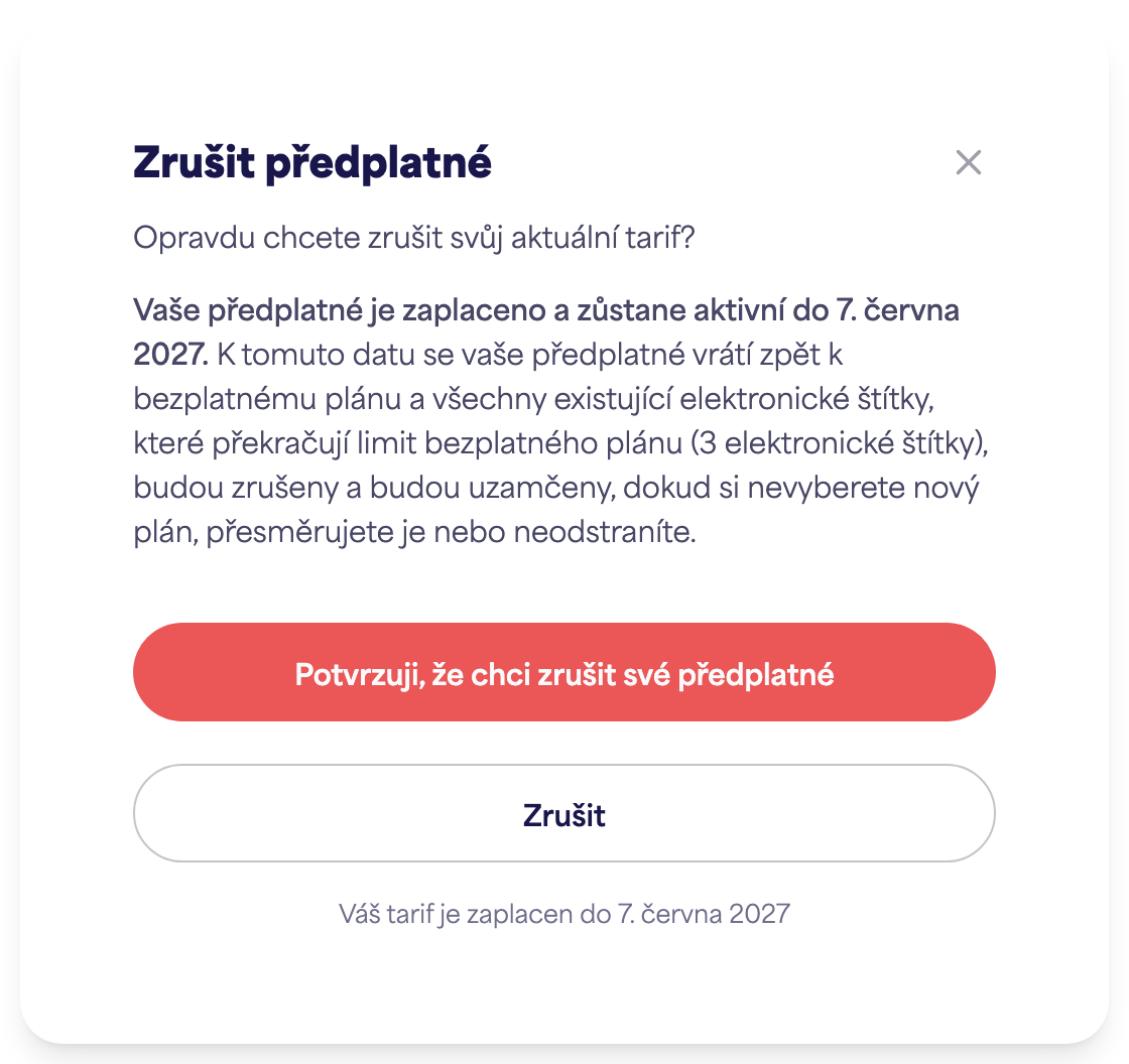 Oblast Předplatné účtu zobrazující možnost Zrušit předplatné