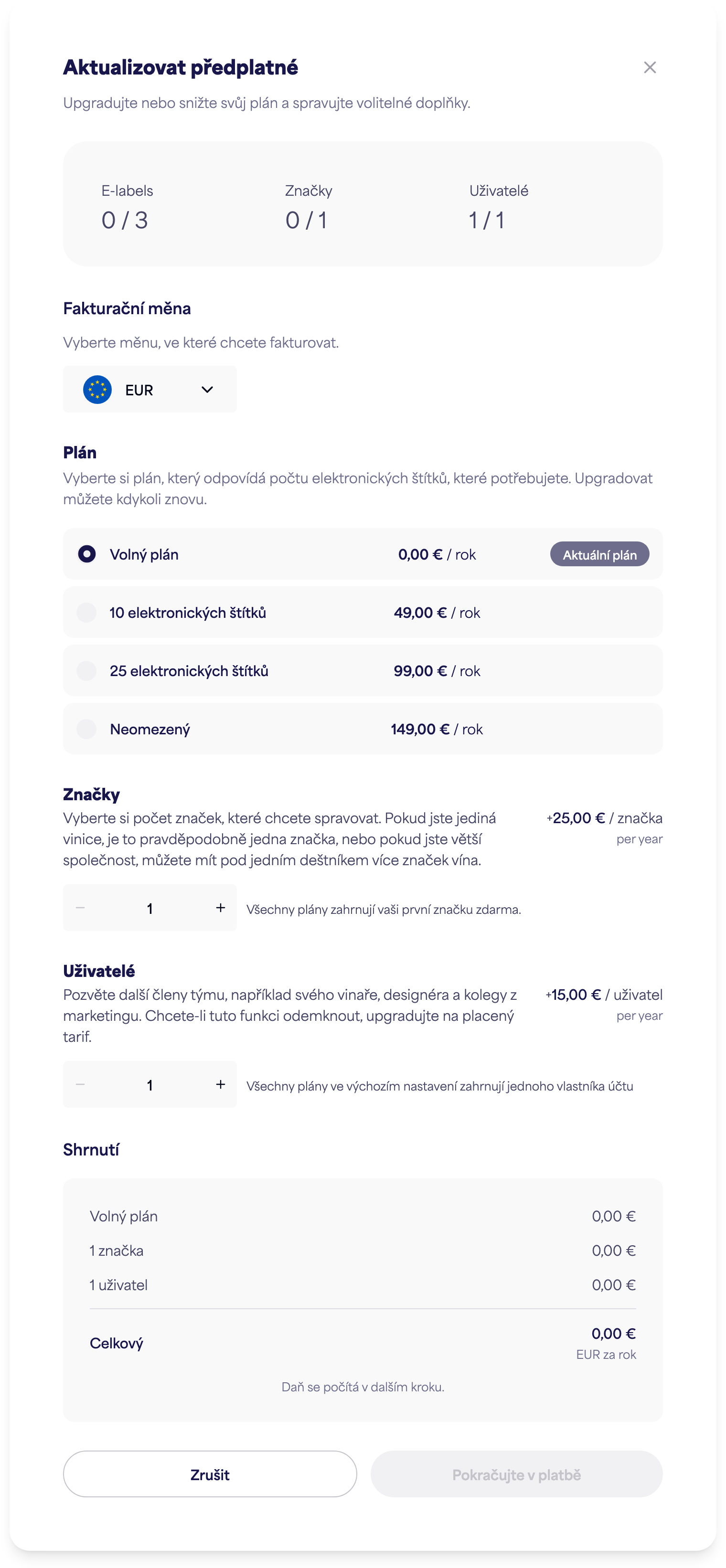 Dialogové okno Spravovat předplatné s možnostmi plánu, značek a uživatelů