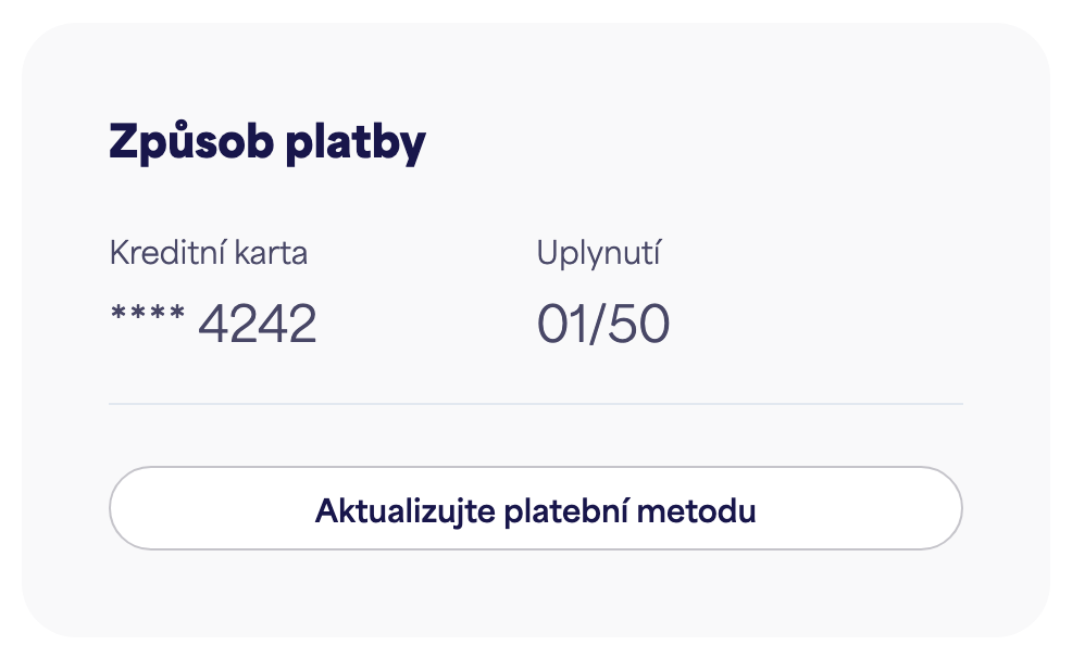 Karta Platební metoda zobrazující uloženou kartu a „Aktualizovat platební metodu“