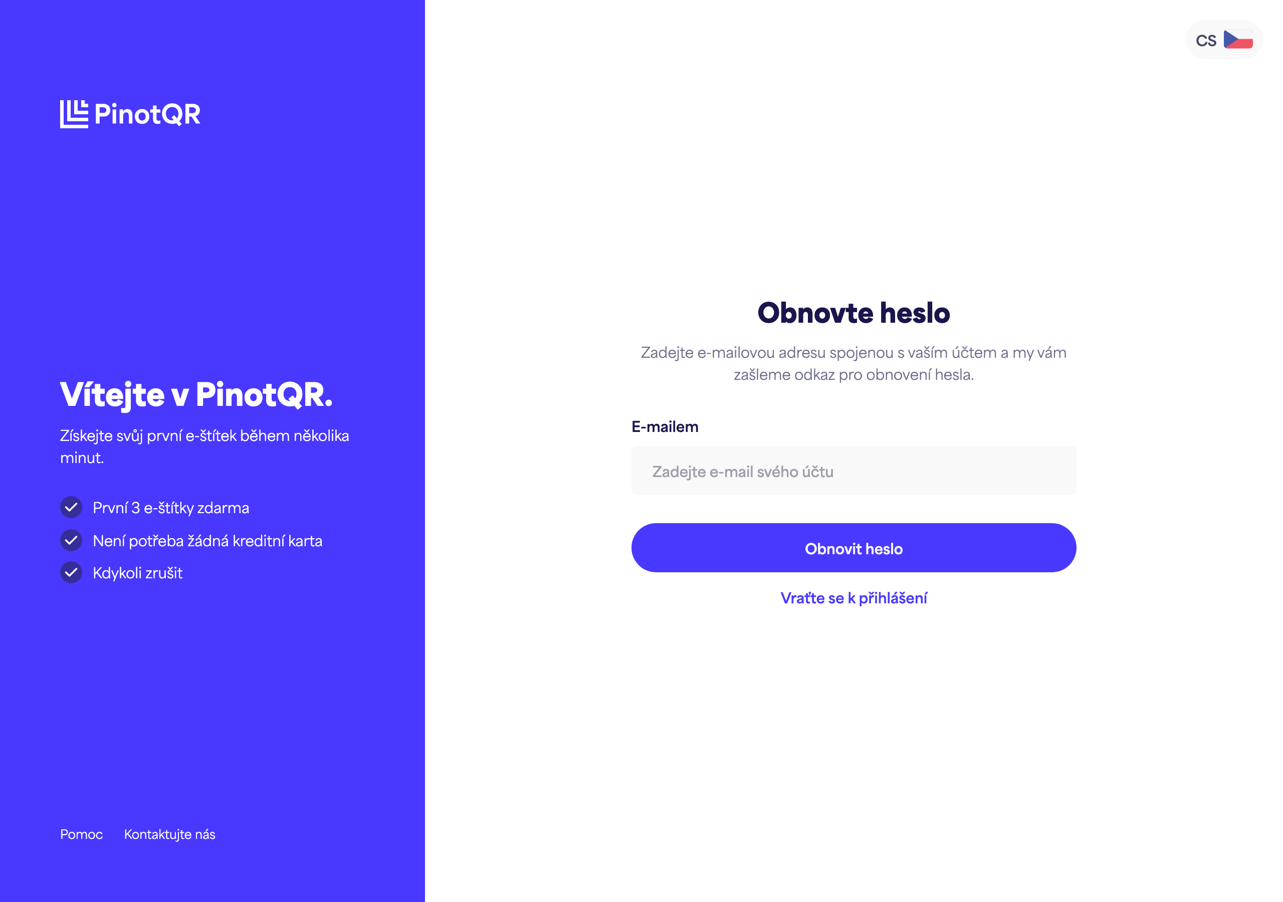 Obrazovka „Obnovit heslo“, kde zadáváte svůj e-mail