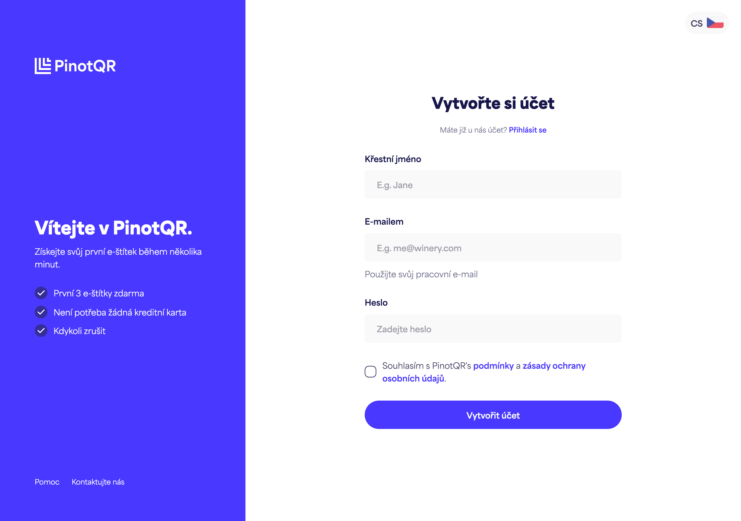 Registrační formulář s poli Jméno, E-mail, Heslo a tlačítkem „Vytvořit účet“