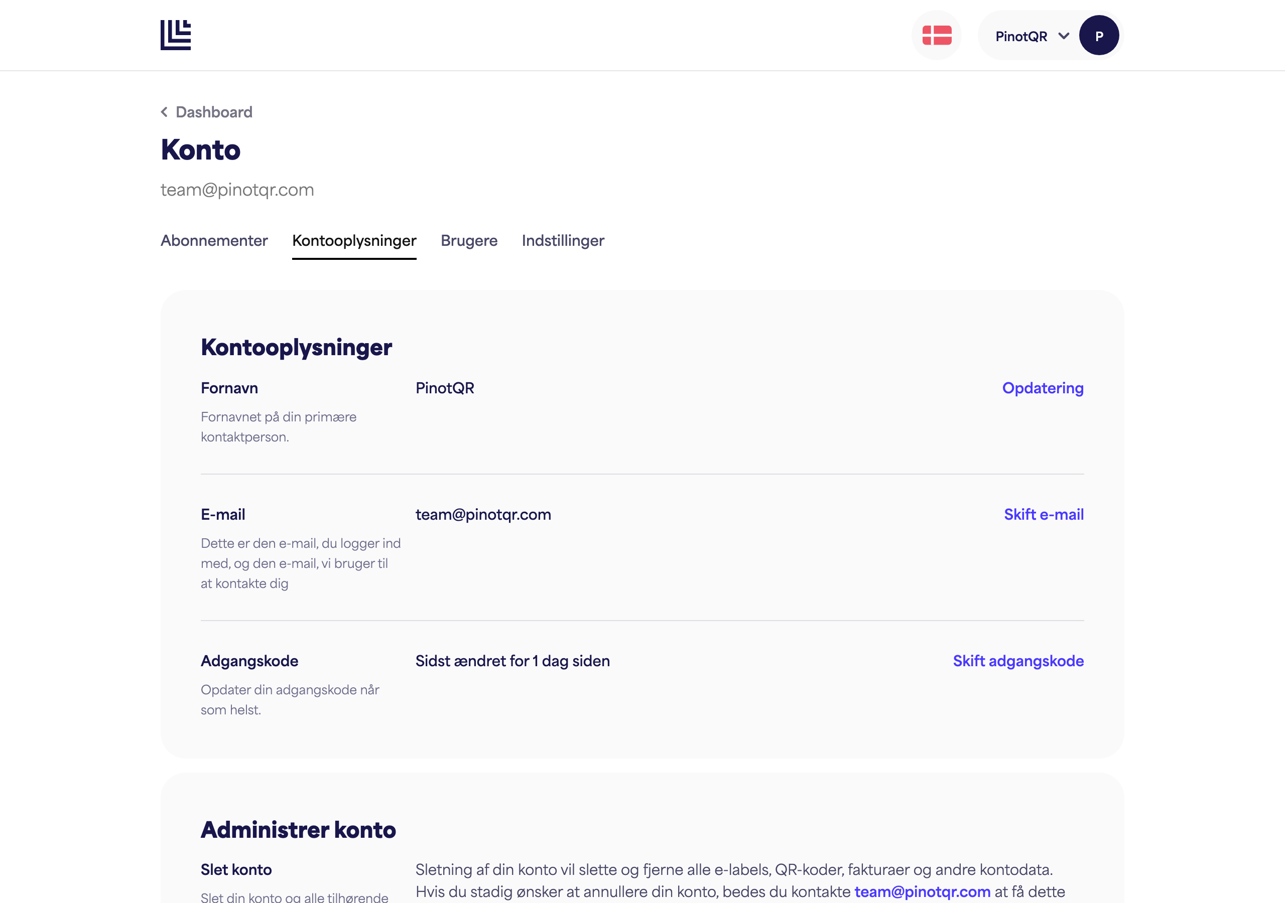 Kontooplysningssiden med feltet Fornavn