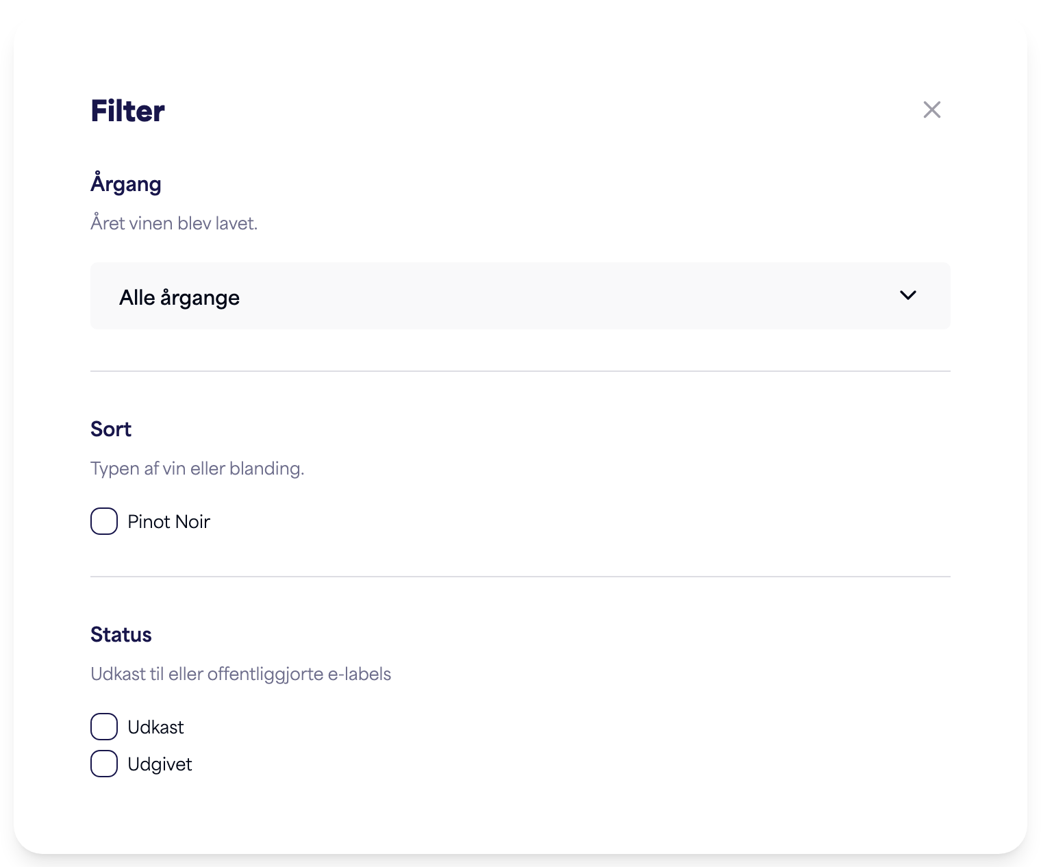 Filterpanelet med muligheder for årgang, sort og status
