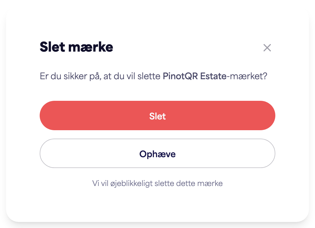Dialogboksen "Slet brand" med advarsel om eksisterende e-etiketter
