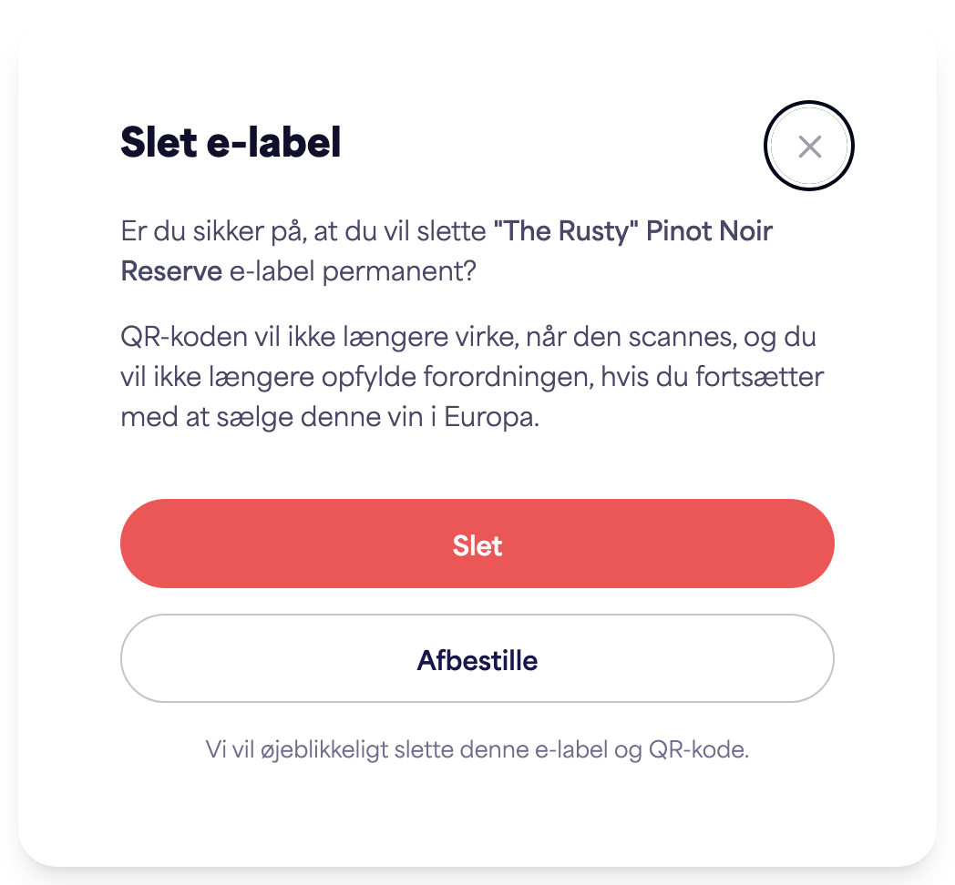 Bekræftelsesdialogen "Slet e-etiket"