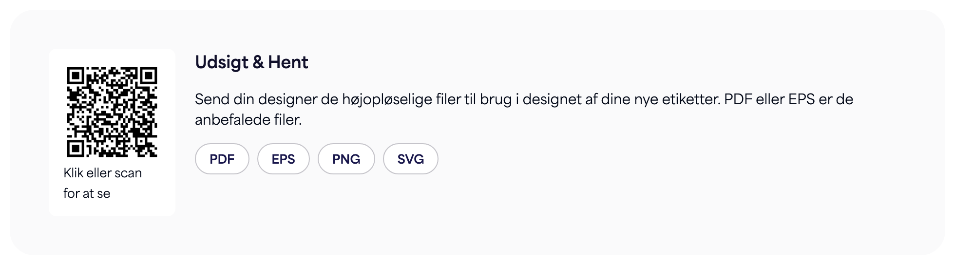 Afsnittet QR-kode på en e-etiketside med downloadknapperne PDF, EPS, PNG og SVG