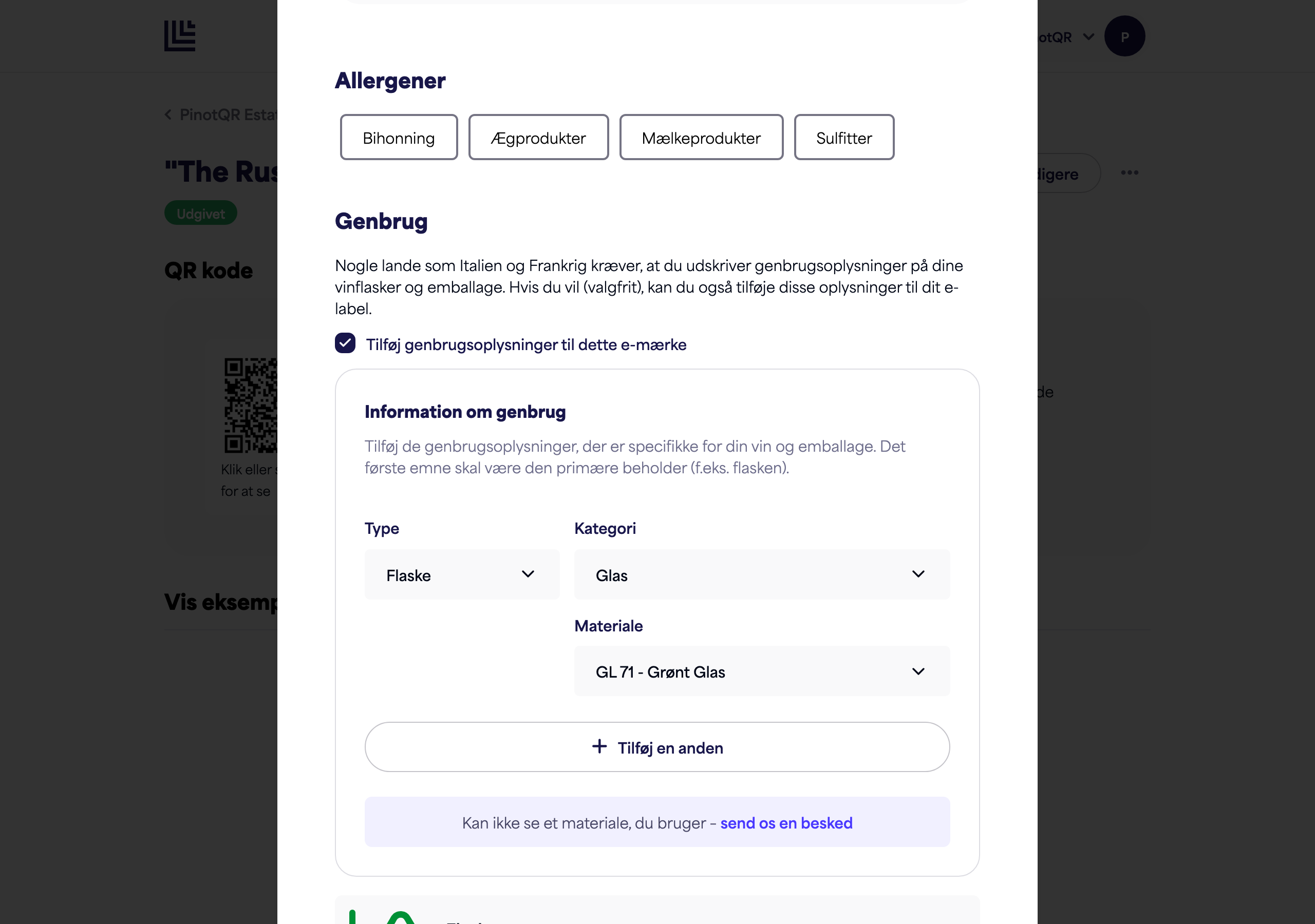 Allergener-sektionen med allergenindstillinger