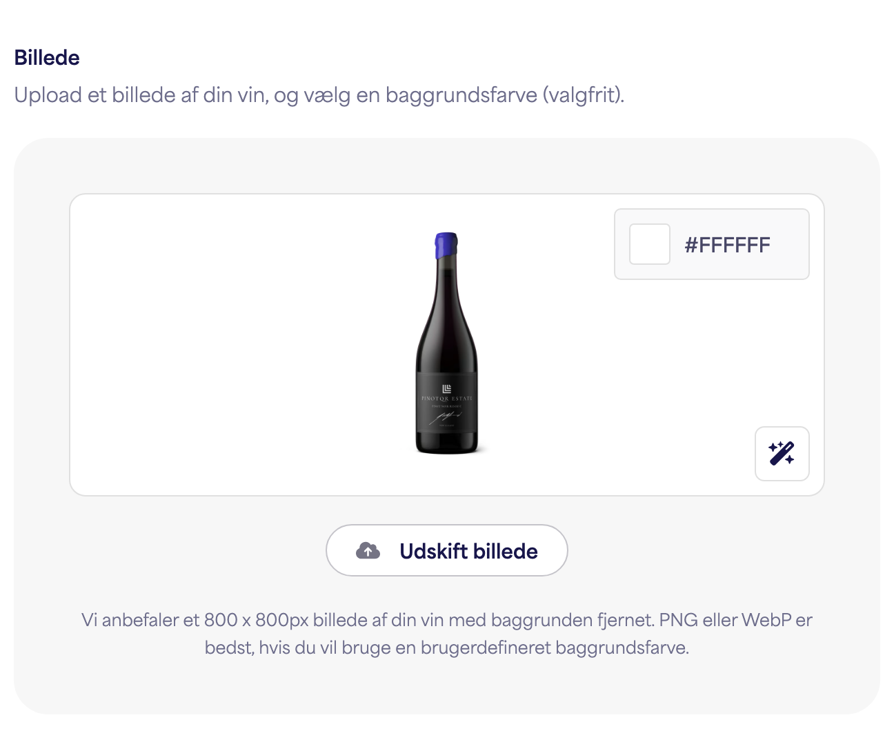Flaskebillede-uploaderen med et eksempel på et vinbillede