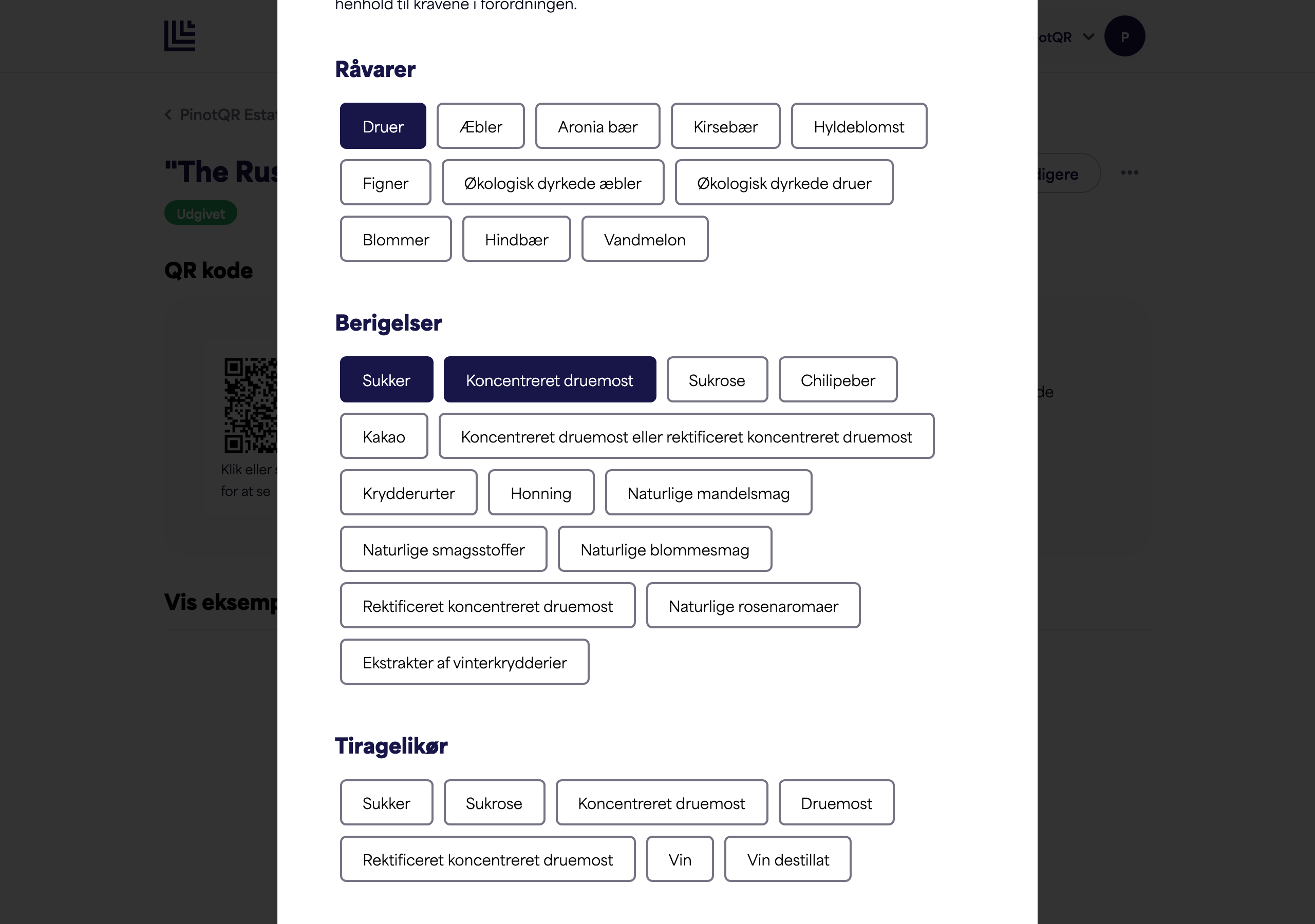 Sektionen Ingredienser med flere kategorier og valgte ingredienser