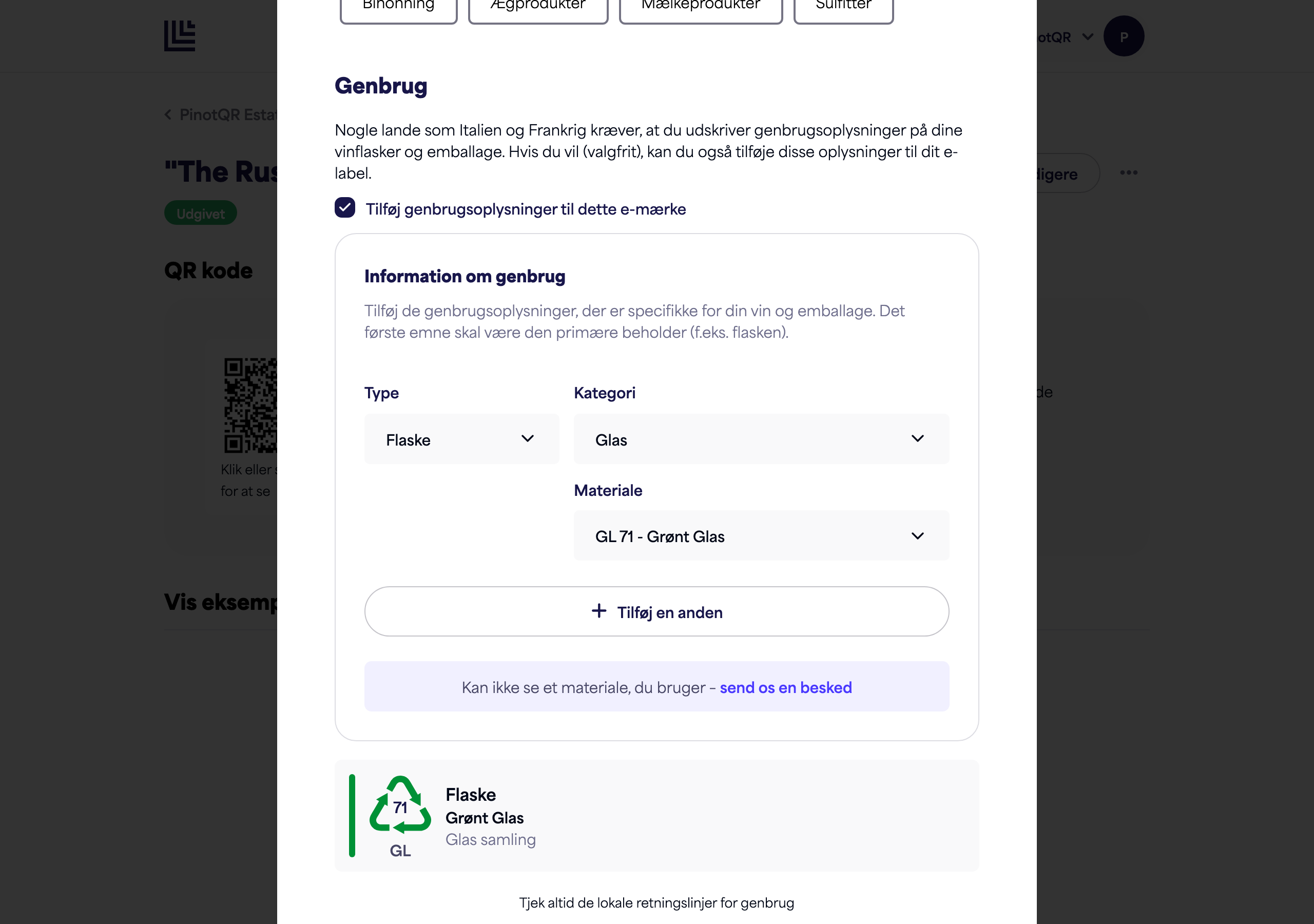 Toggle og forklaring for genbrugssektionen