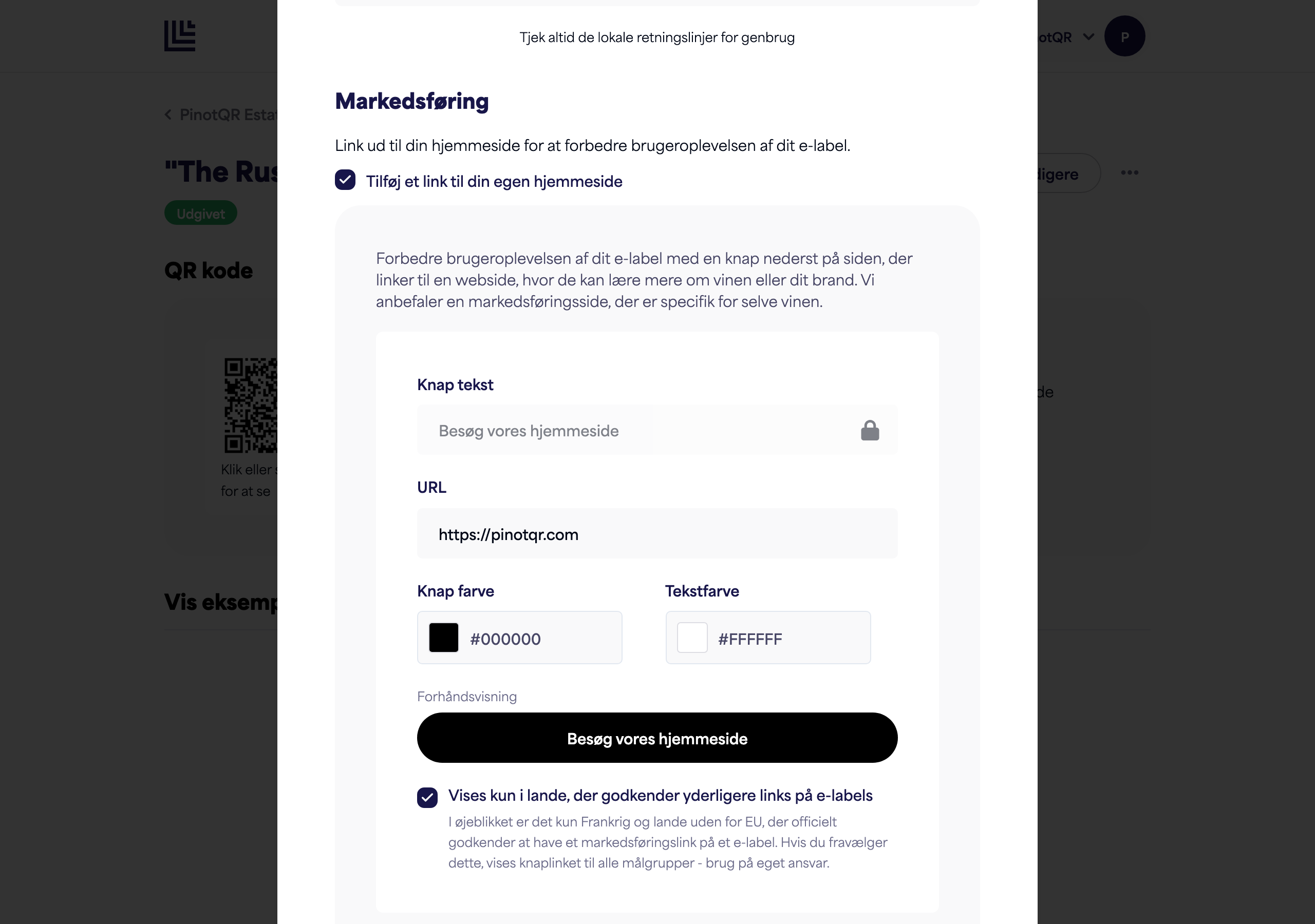 Afsnittet Marketing med til/fra-knap, knaptekst, URL og farvevælgere plus live forhåndsvisning af knappen