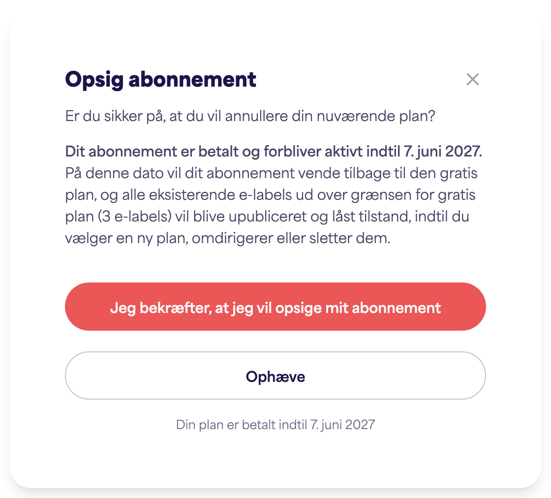Abonnementområdet på kontoen, der viser muligheden for at opsige abonnementet