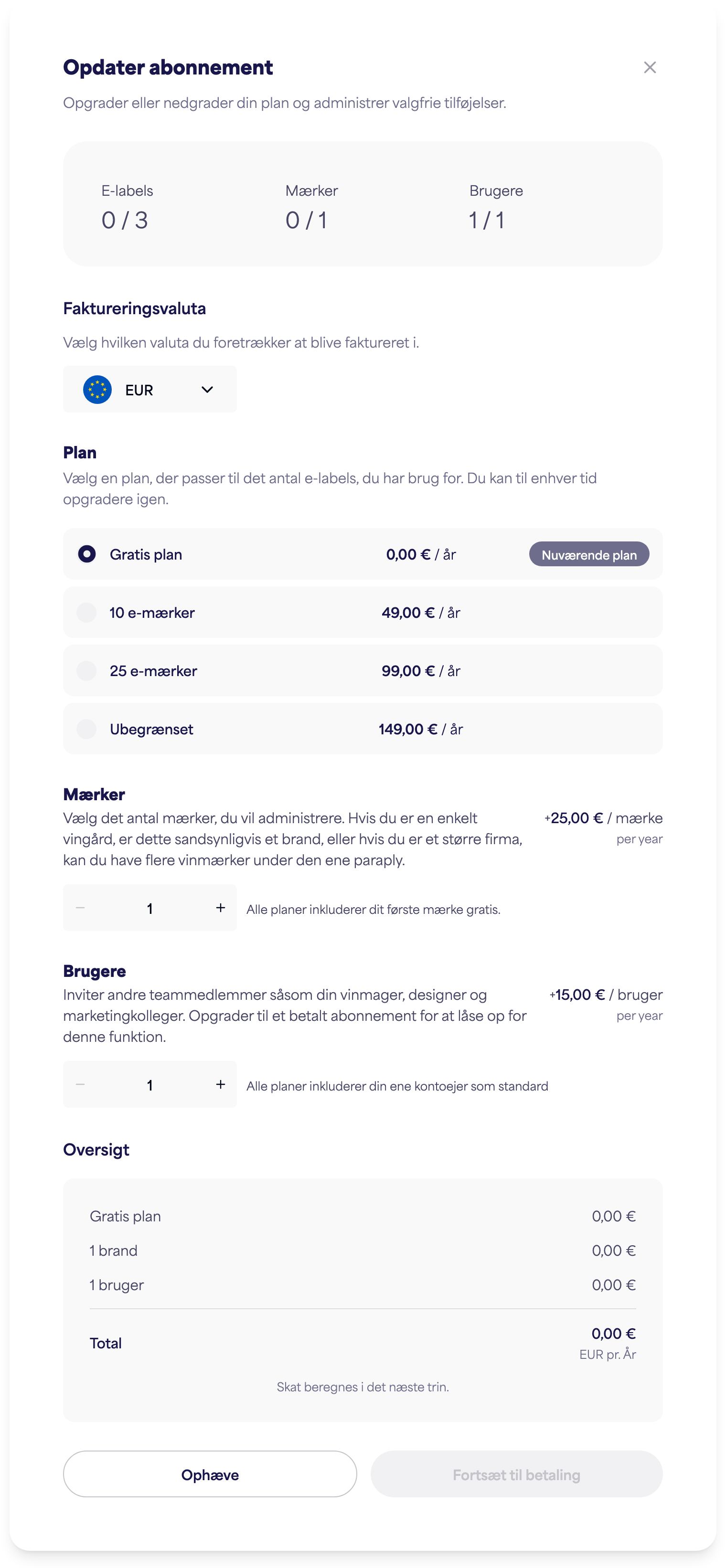 Dialogboksen Administrer abonnement med muligheder for plan, brands og brugere