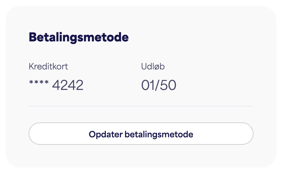 Kortet Betalingsmetode viser det gemte kort og "Opdater betalingsmetode"