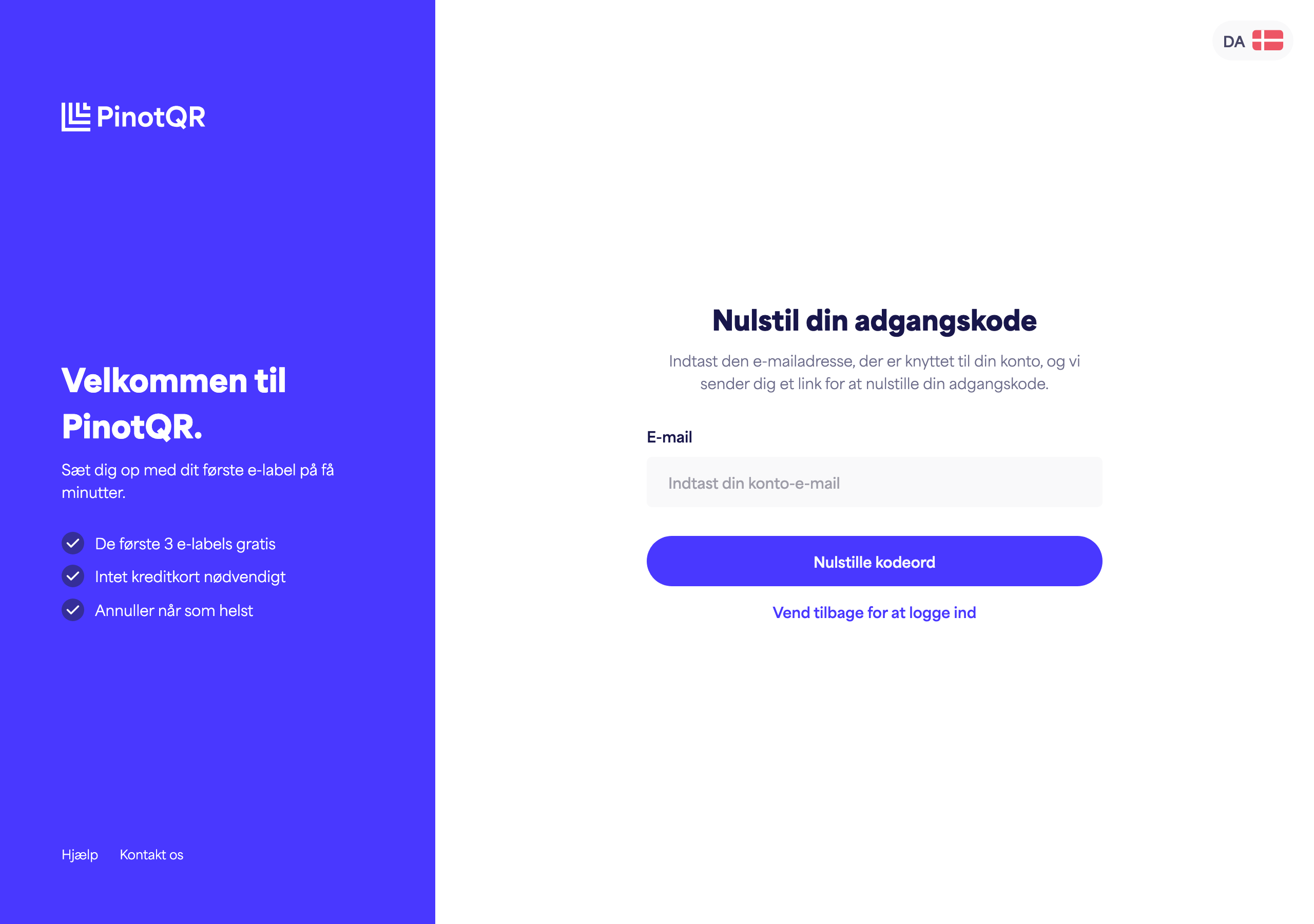 Skærmbilledet "Nulstil din adgangskode", hvor du indtaster din e-mail