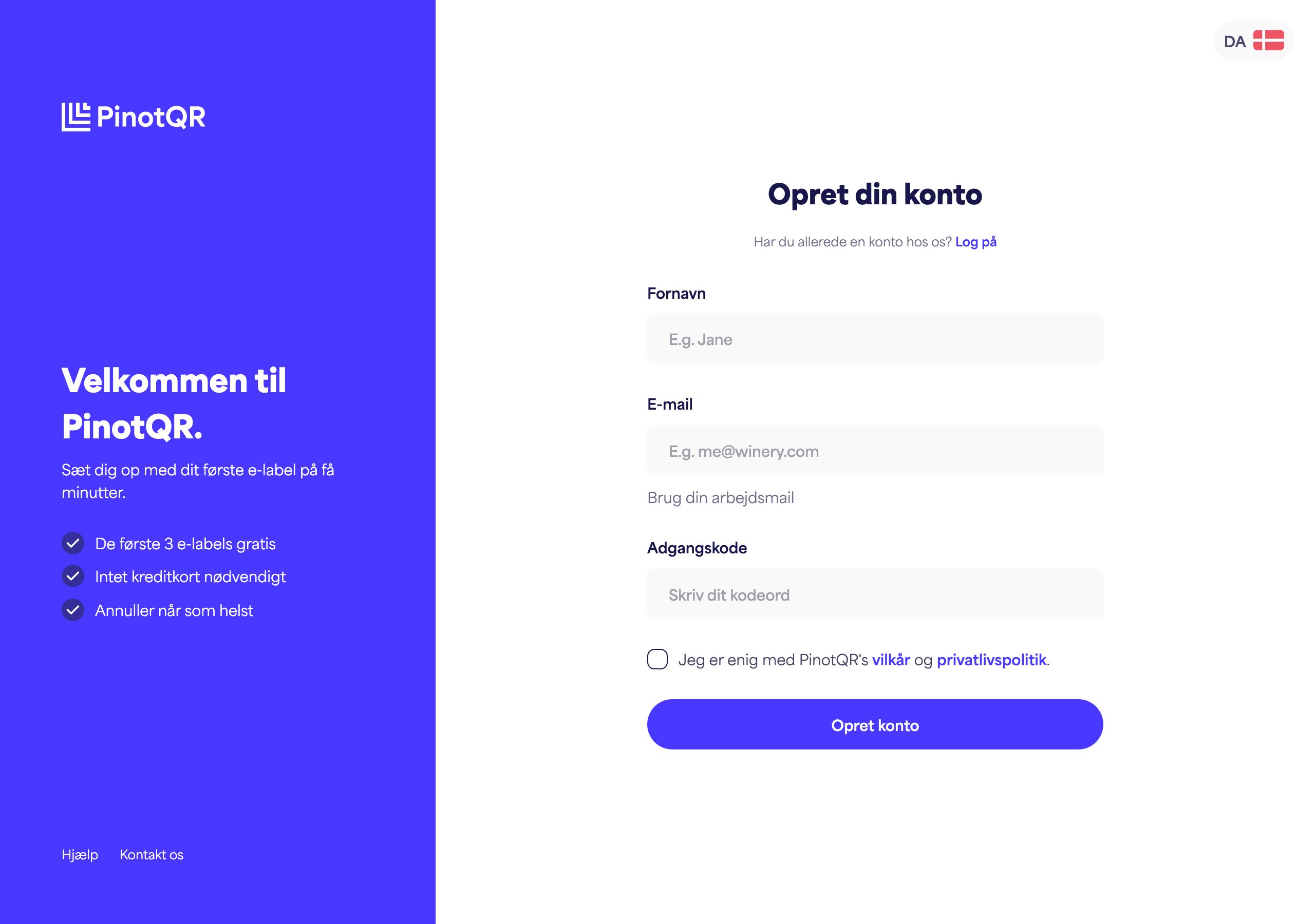 Tilmeldingformularen med felterne Fornavn, E-mail, Kodeord og knappen "Opret konto"