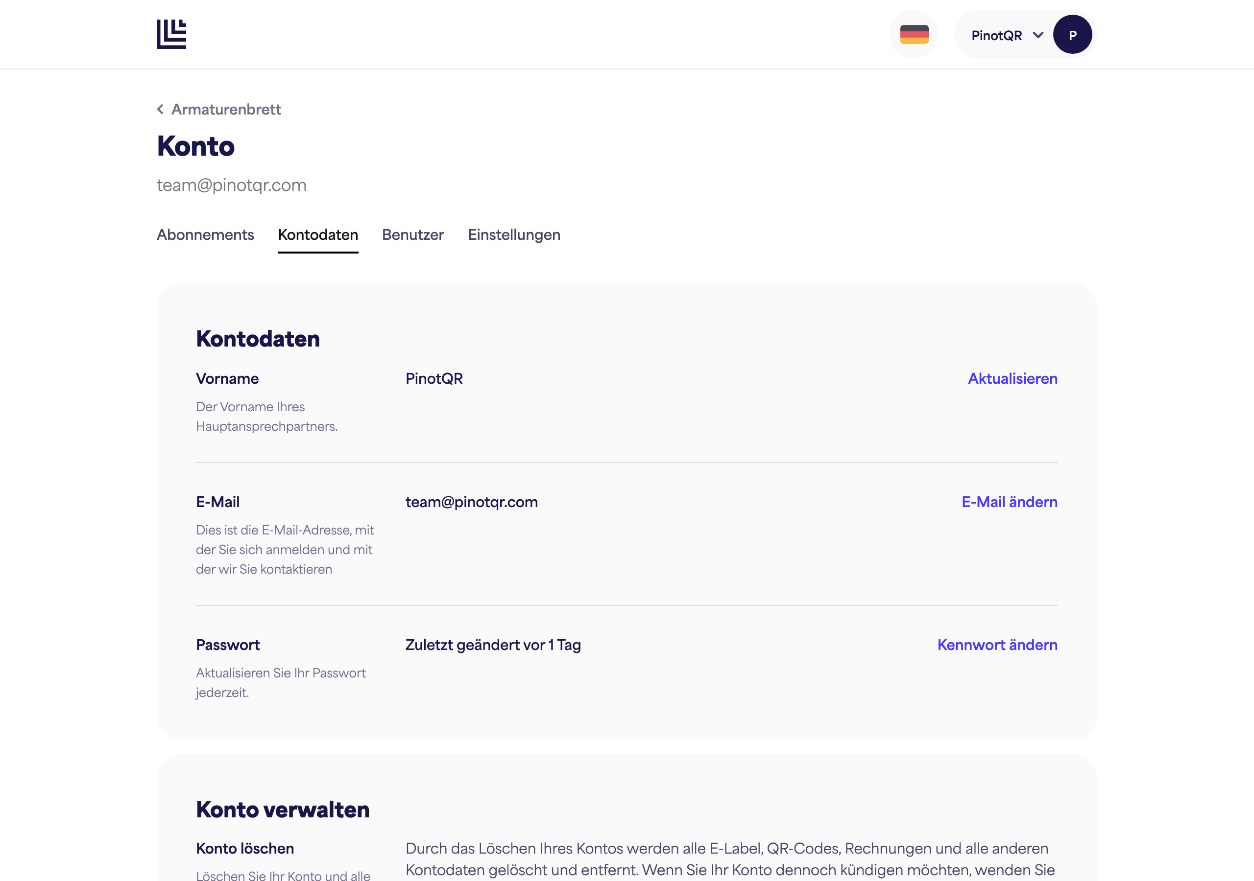 Die Seite Kontodetails mit dem Feld Vorname