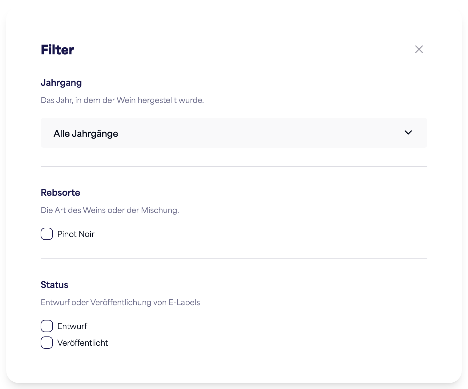 Das Filterfeld mit Optionen für Jahrgang, Sorte und Status
