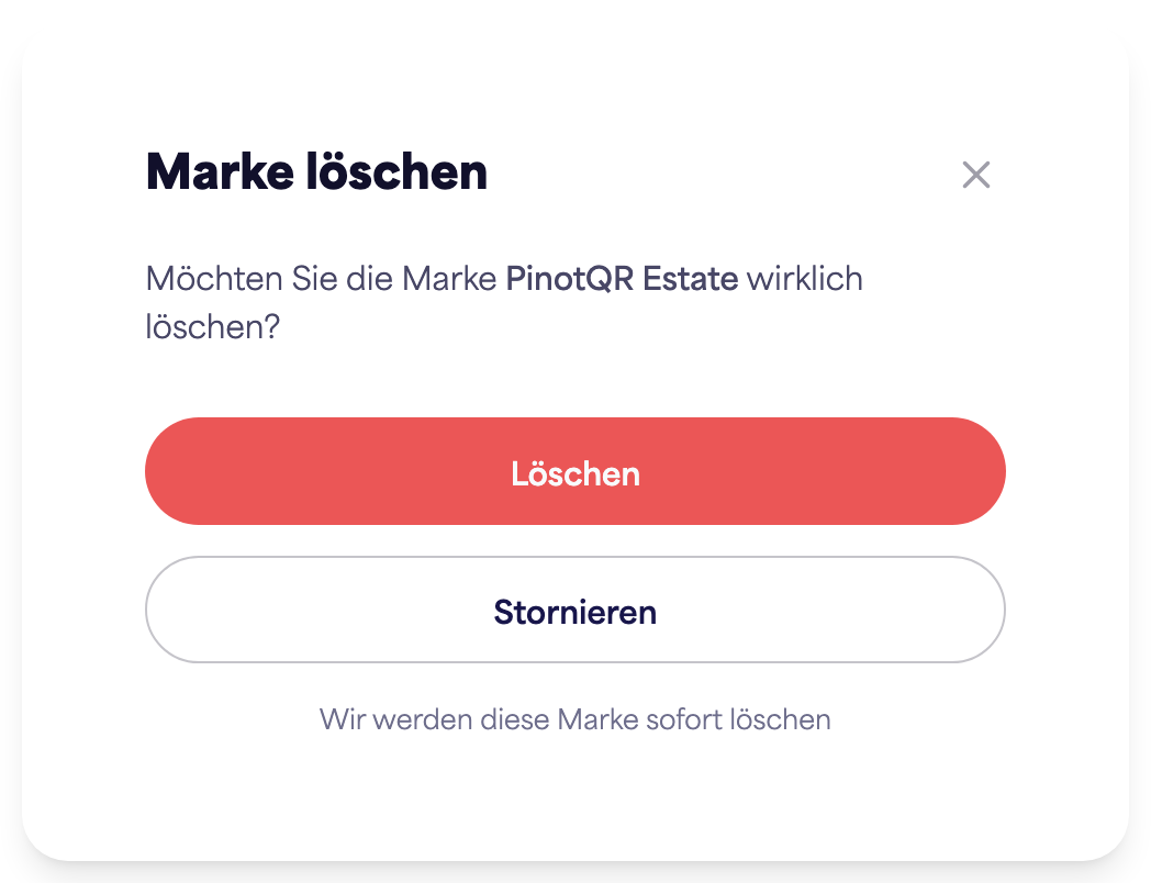 Der Bestätigungsdialog „Marke löschen“ warnt vor bestehenden E-Labels