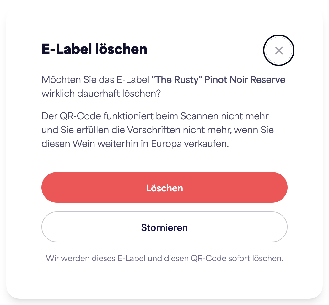 Der Bestätigungsdialog „E-Label löschen“
