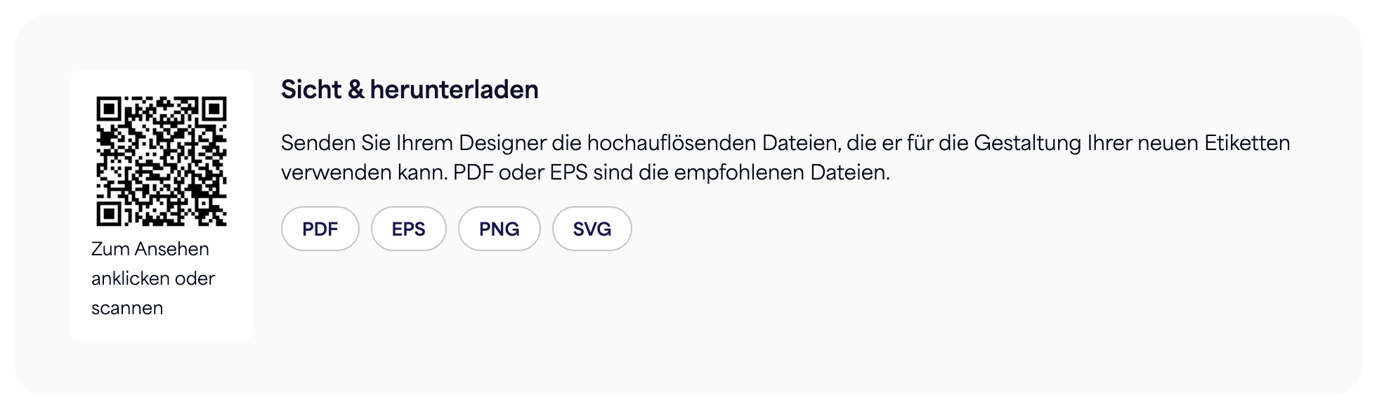 Der QR-Code-Abschnitt auf einer E-Label-Seite mit den Download-Schaltflächen für PDF, EPS, PNG und SVG