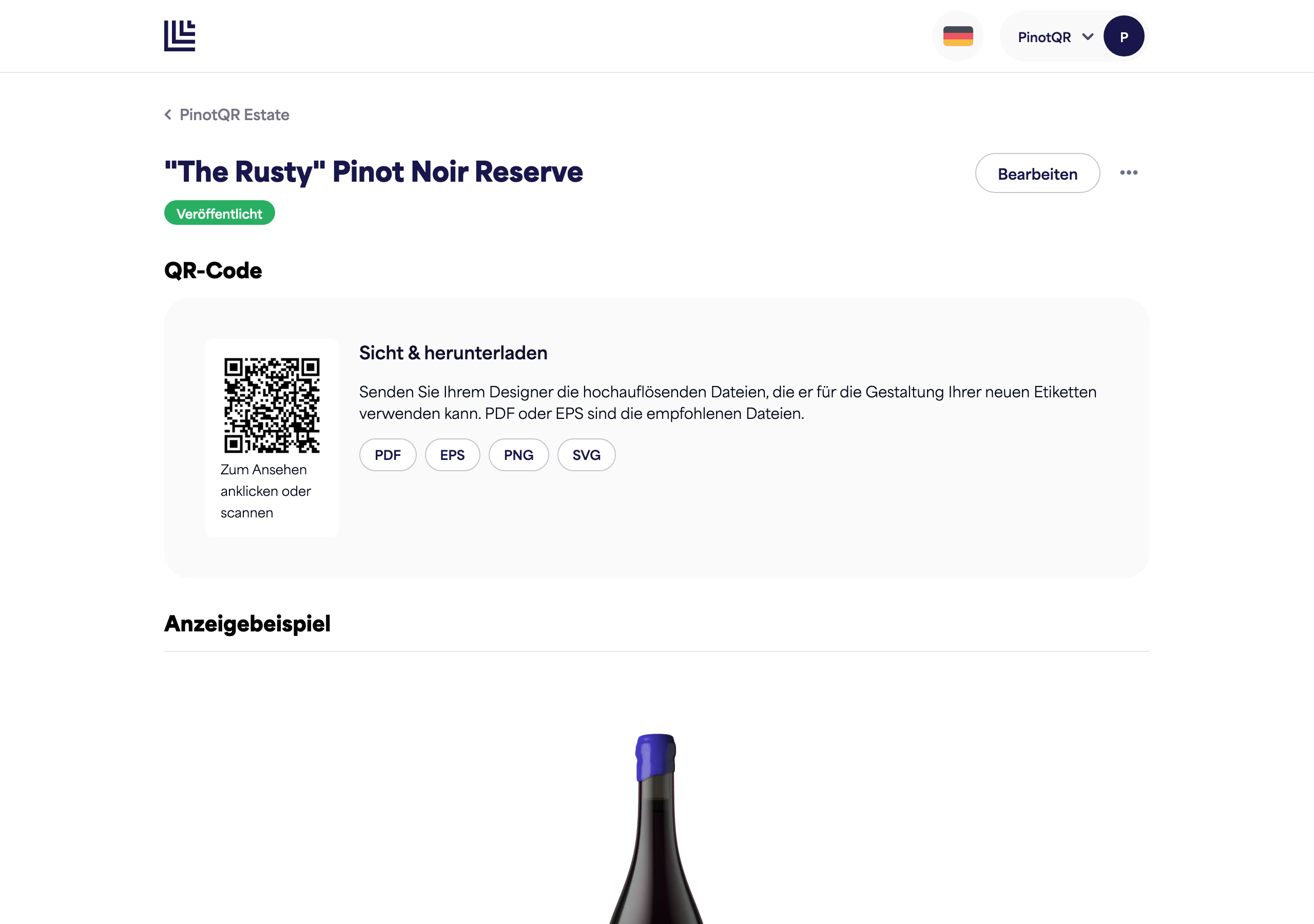 Eine E-Label-Seite mit der Option „Zurückziehen“