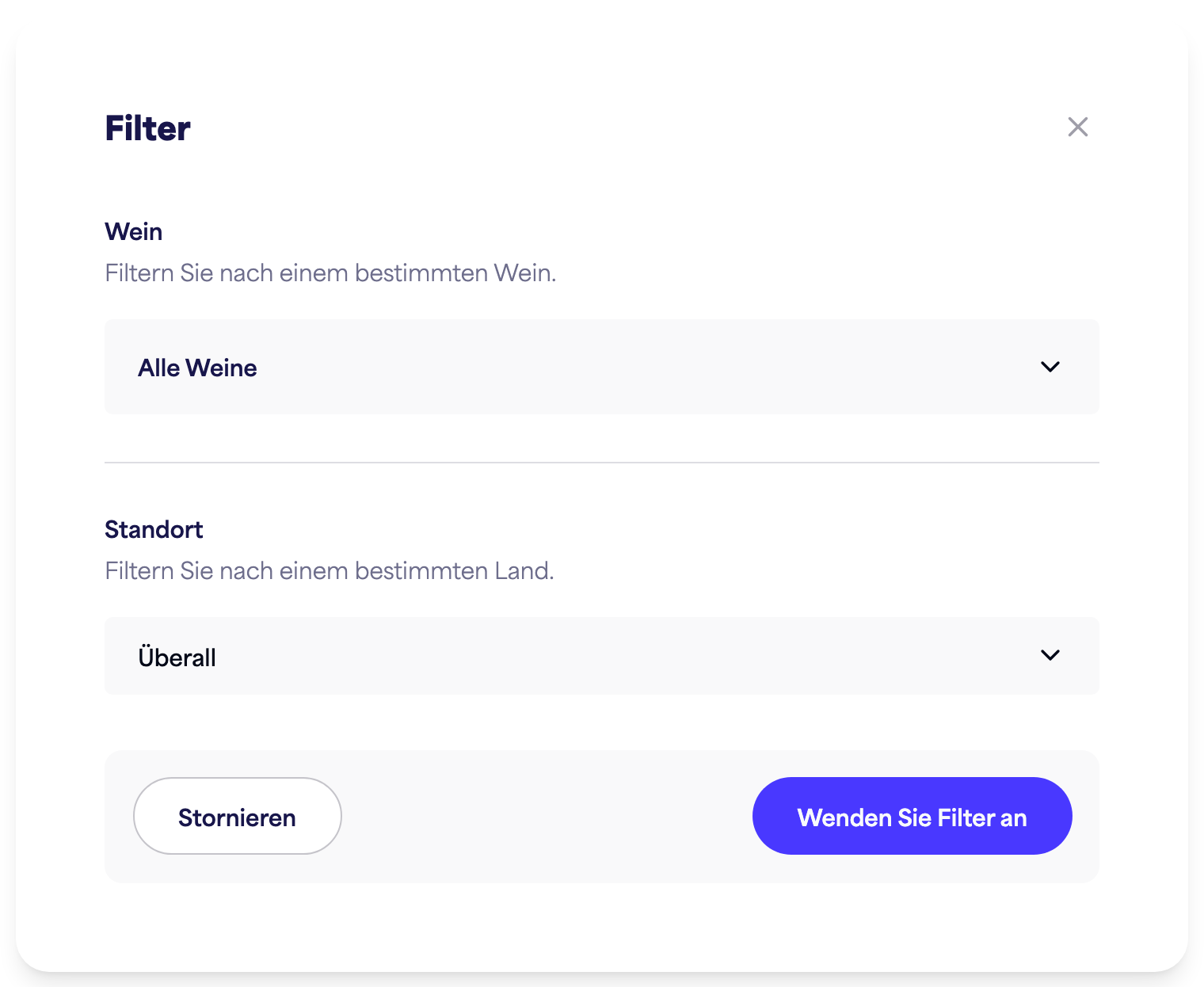 Das Einblicke-Filterpanel (Zeitraum, Wein, Standort)