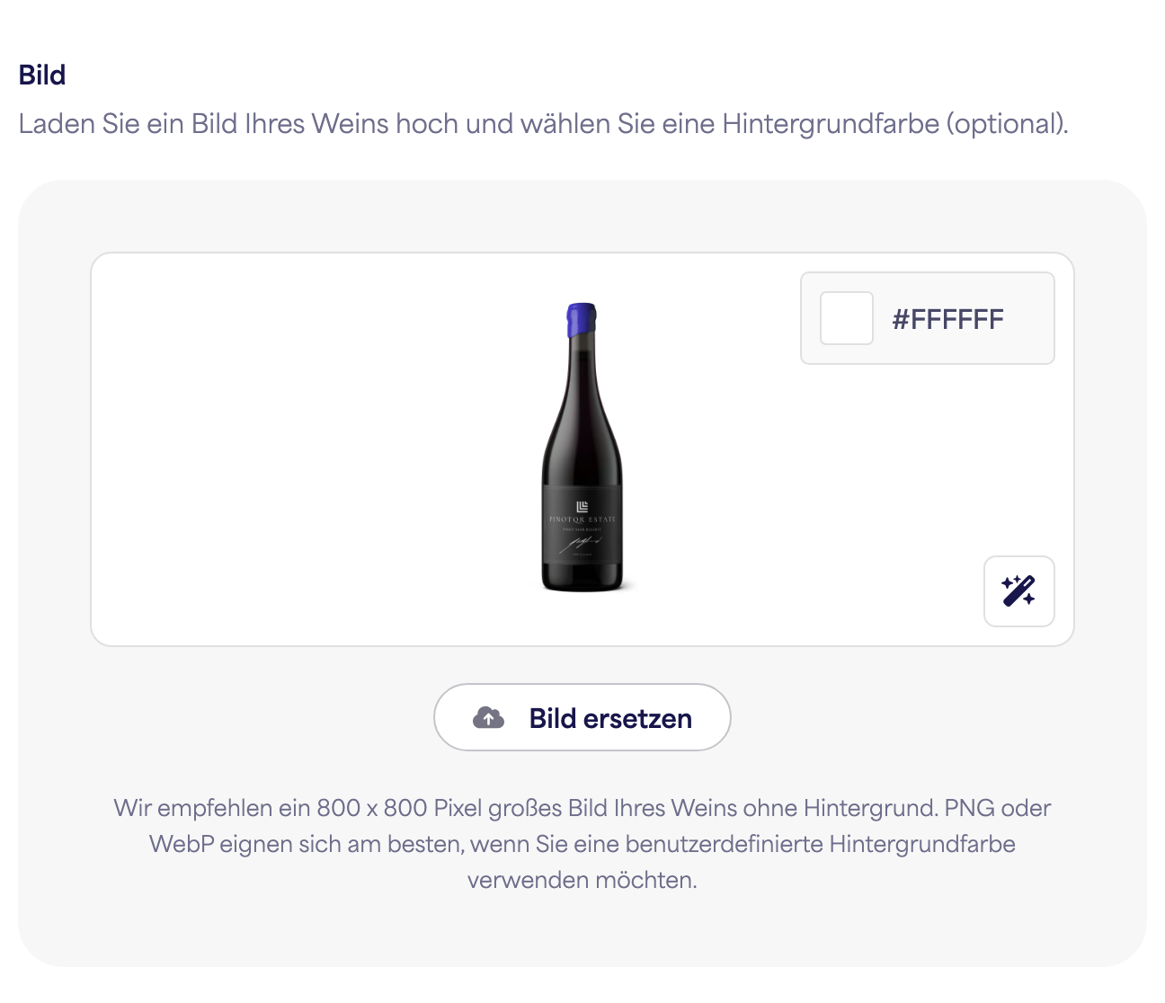 Der Flaschenbild-Uploader mit einem Beispiel-Weinbild