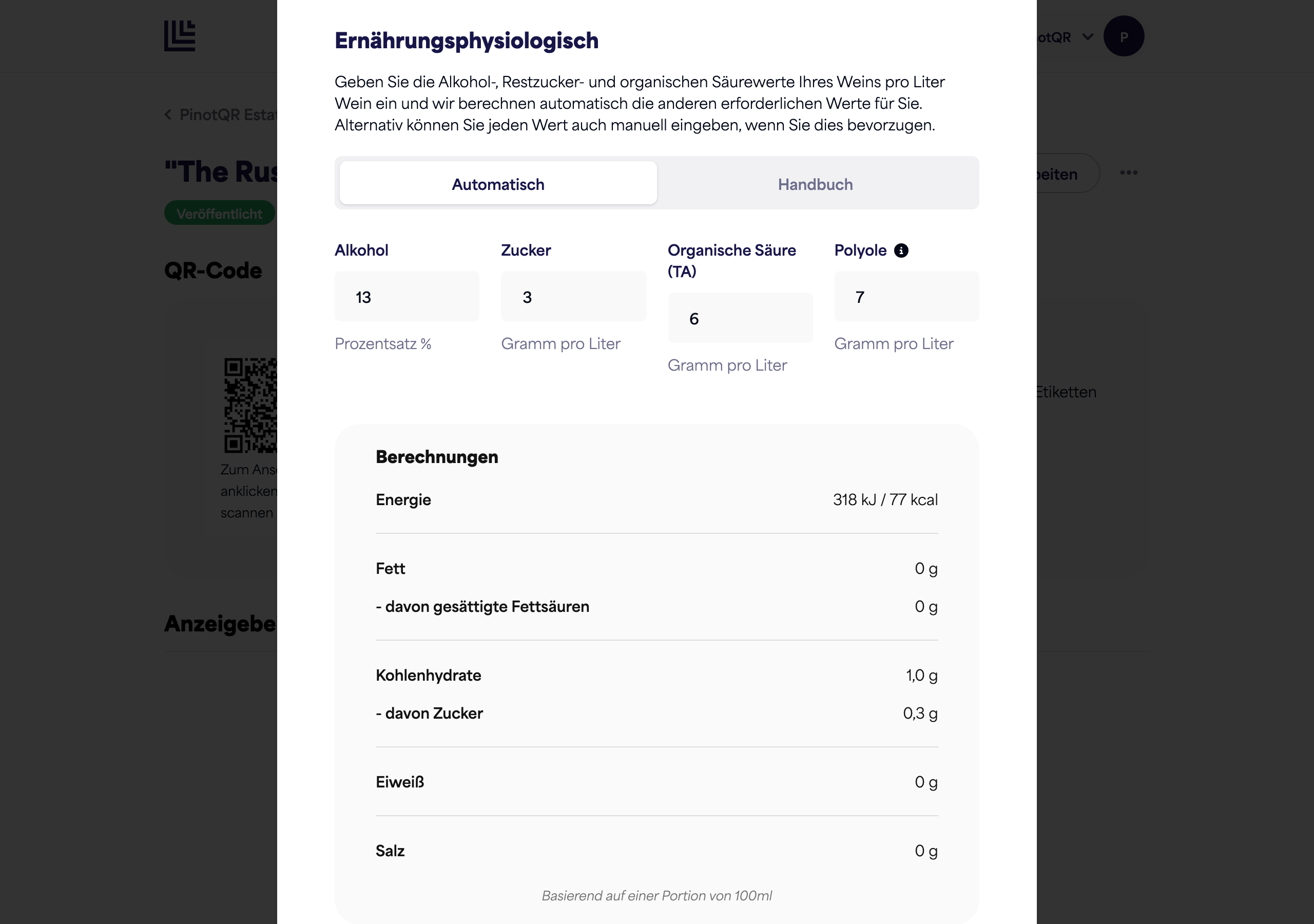 The Nutritional section in automatic mode, showing the alcohol, sugar, organic acid, and polyols fields