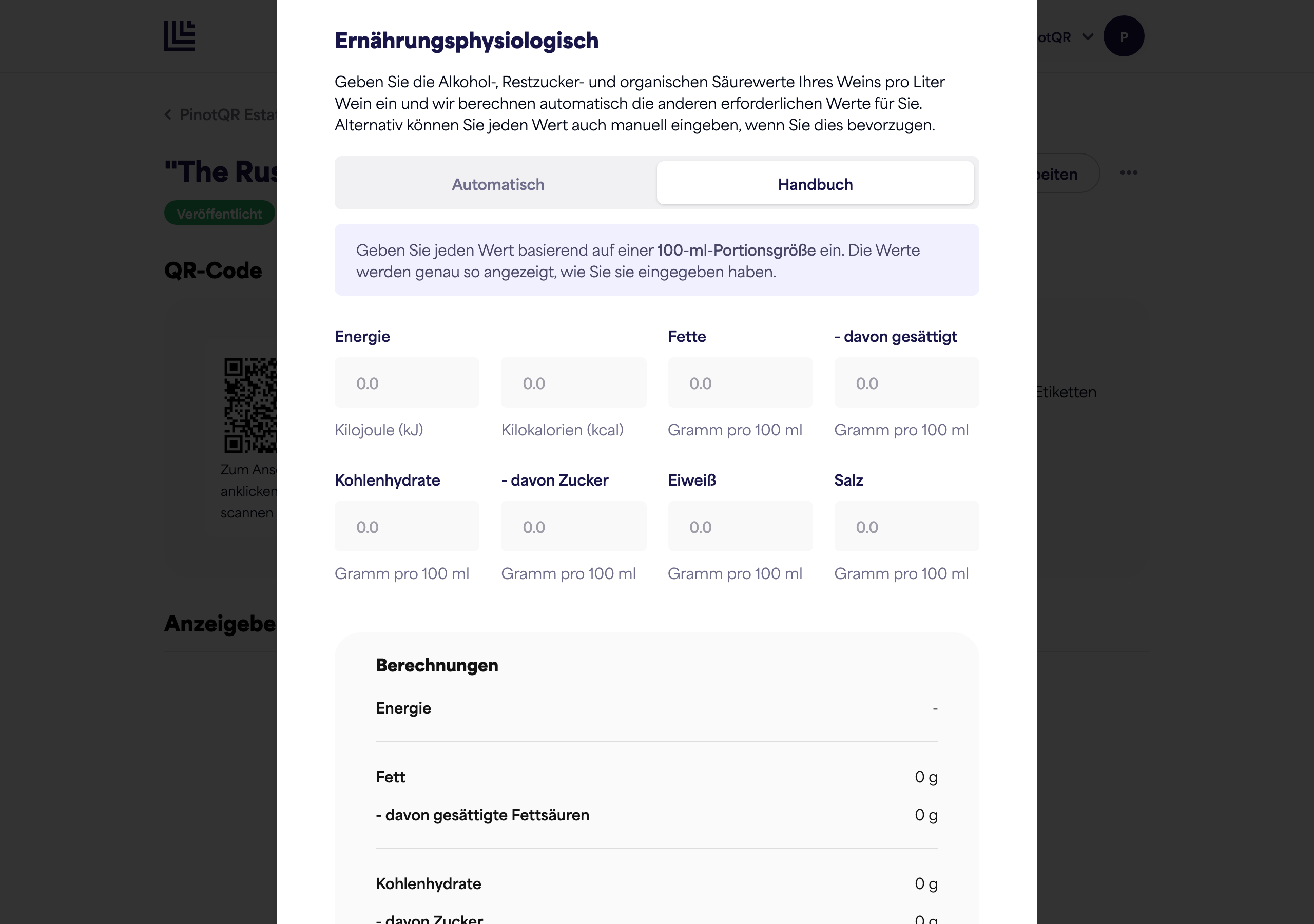 The Nutritional section switched to Manual, showing the full set of fields