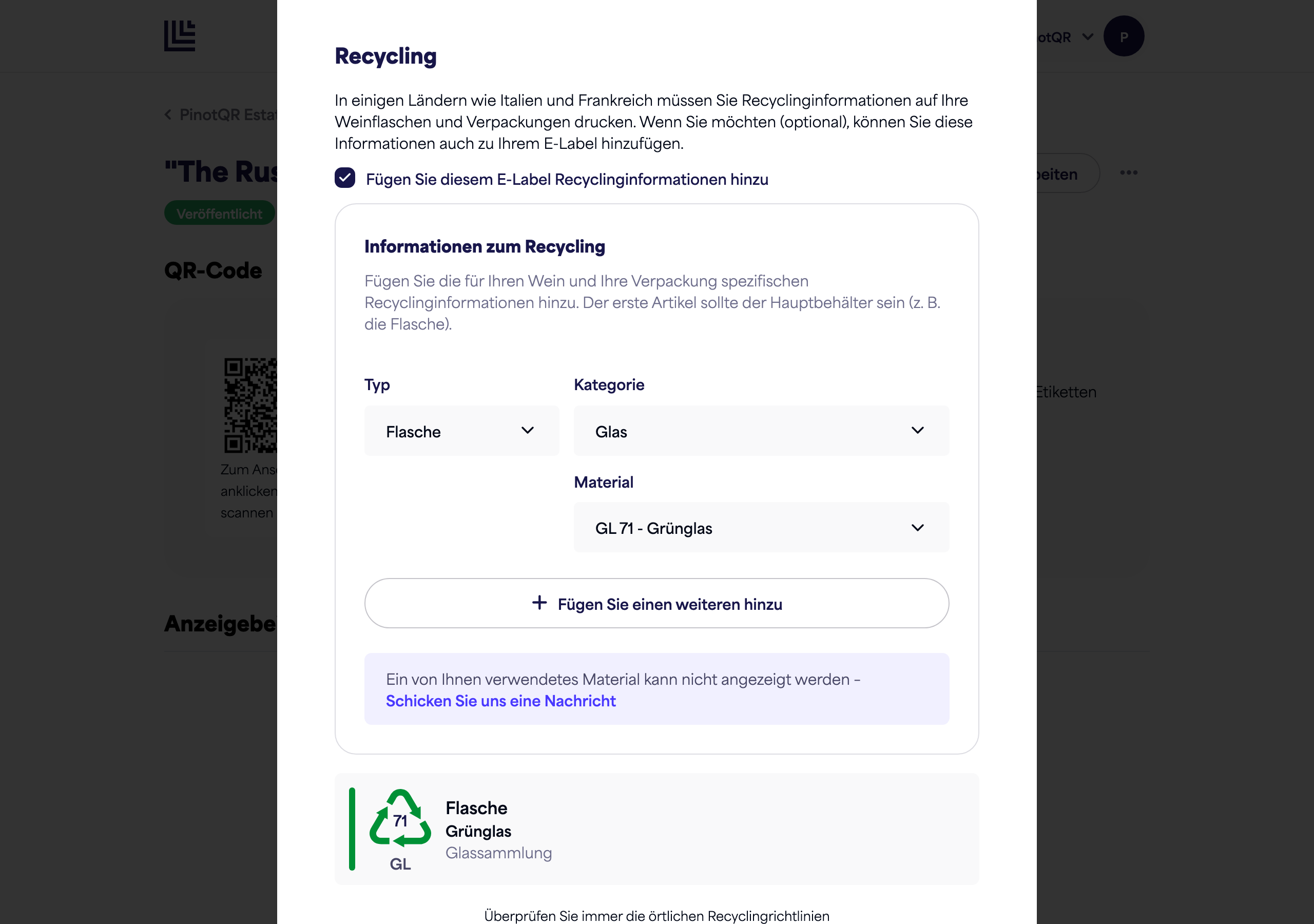Umschalter und Erklärung des Abschnitts Recycling
