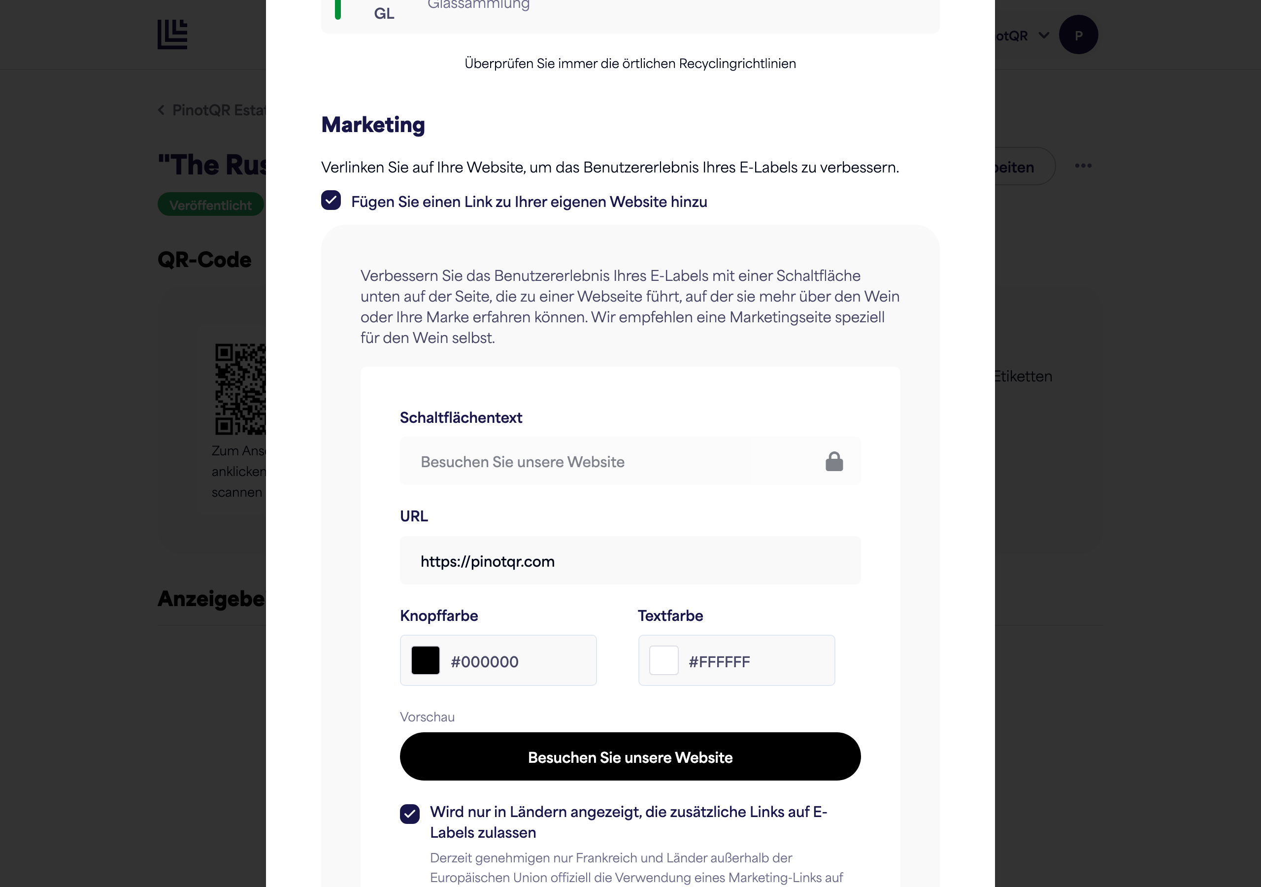 Der Marketingbereich mit dem Umschalter, Buttontext, URL und Farbauswahlen plus der Live-Button-Vorschau
