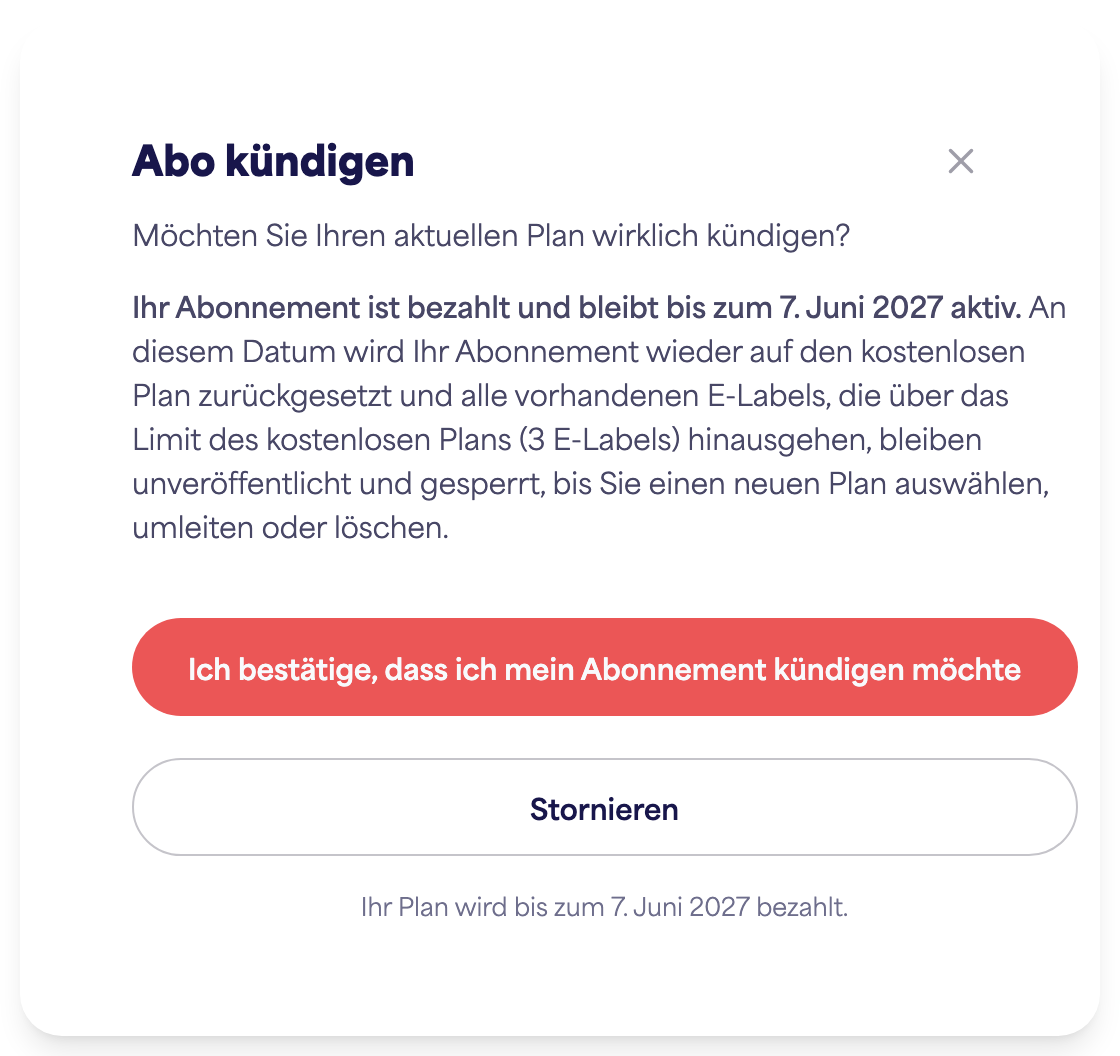 Der Abonnementbereich des Kontos, der die Option 'Abonnement kündigen' anzeigt