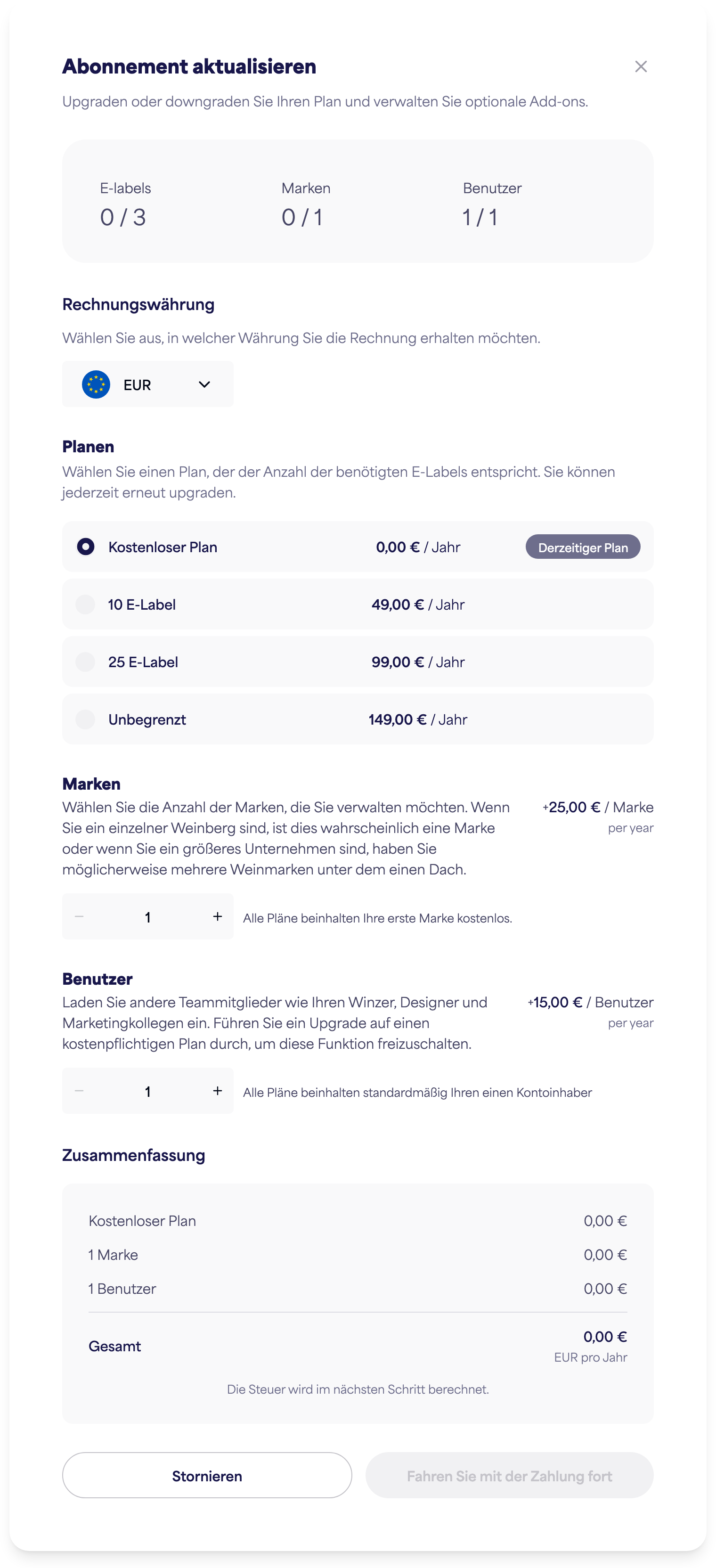 Das Dialogfeld „Abonnement verwalten“ mit Optionen für Plan, Marken und Benutzer