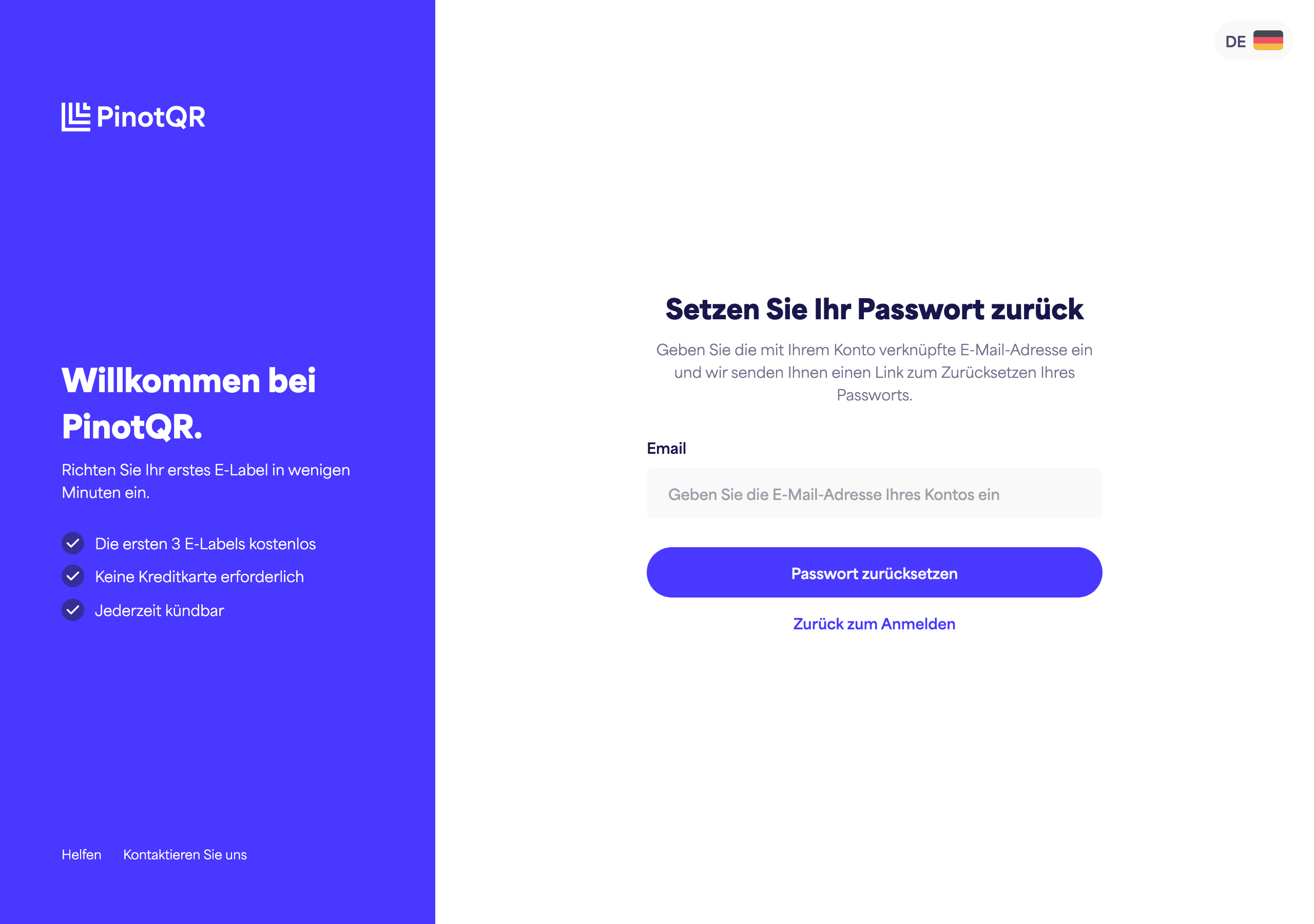 Der Bildschirm "Setzen Sie Ihr Passwort zurück", wo Sie Ihre E-Mail-Adresse eingeben