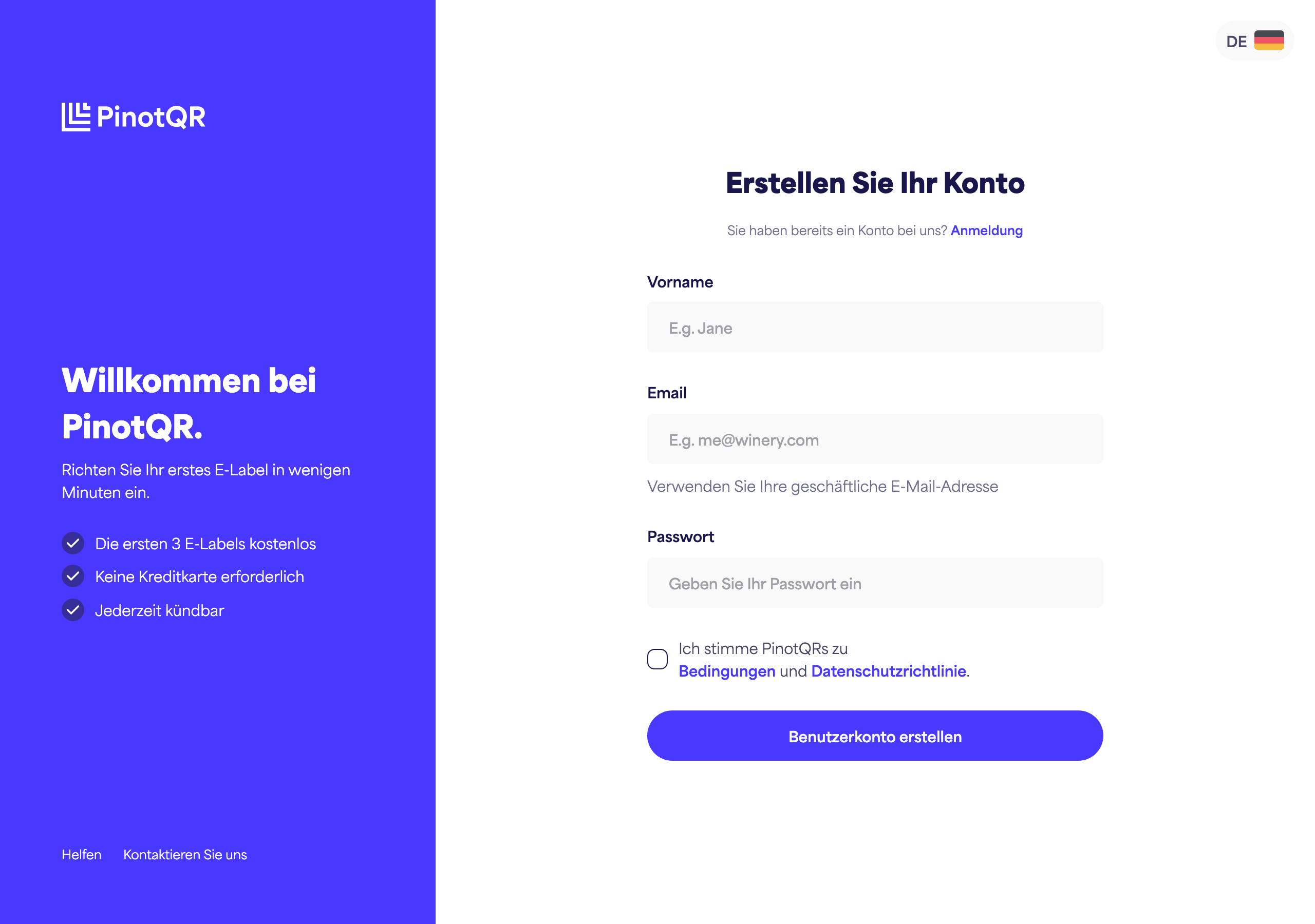 Das Registrierungsformular mit den Feldern Vorname, E-Mail, Passwort und dem Button „Konto erstellen“