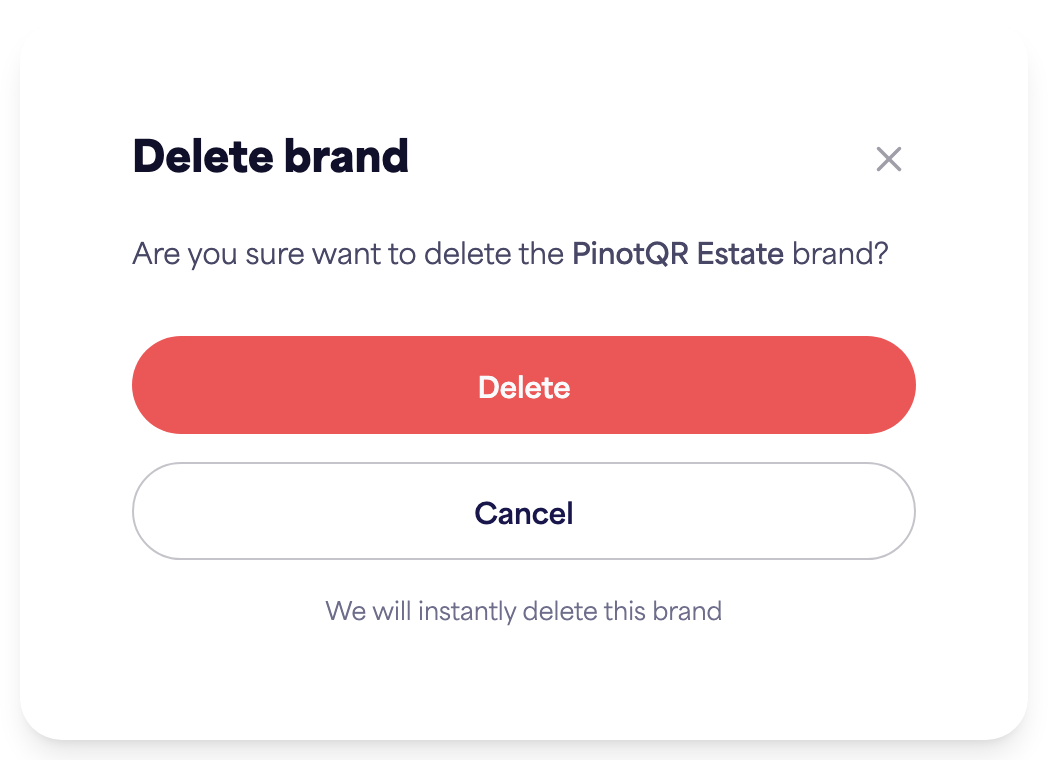 The "Delete brand" confirmation dialog warning about existing e-labels