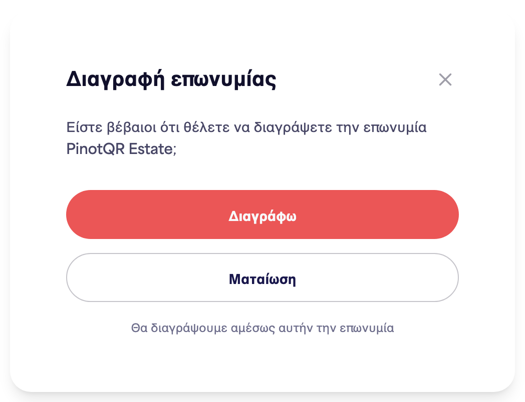 Το παράθυρο διαλόγου επιβεβαίωσης "Διαγραφή επωνυμίας" που προειδοποιεί για τις υπάρχουσες ηλεκτρονικές ετικέτες
