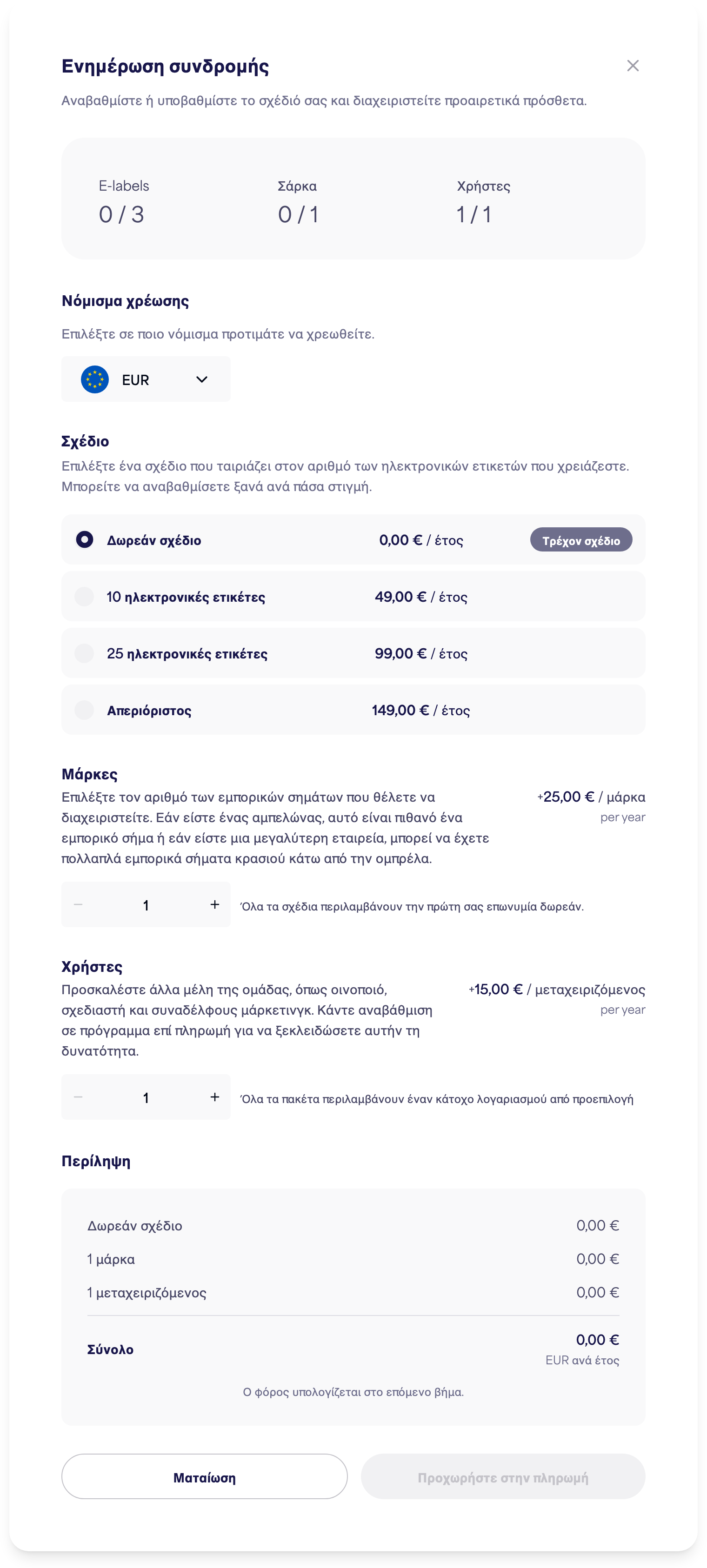 Το παράθυρο διαλόγου Διαχείριση συνδρομής με επιλογές για πρόγραμμα, επωνυμίες και χρήστες
