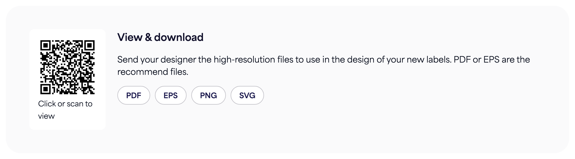 The QR Code section on an e-label page with the PDF, EPS, PNG, and SVG download buttons