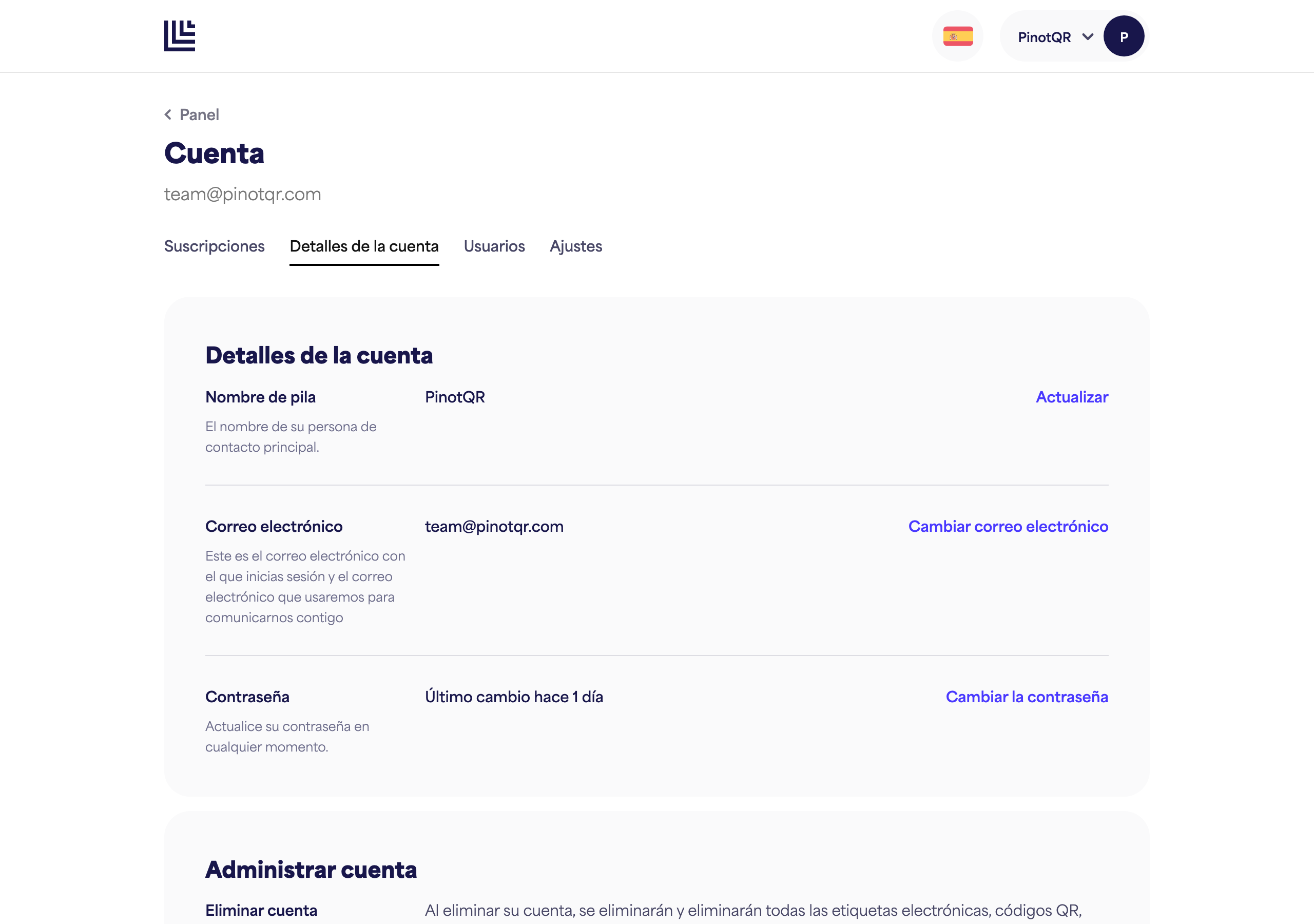 La página de Detalles de la cuenta con el campo Nombre