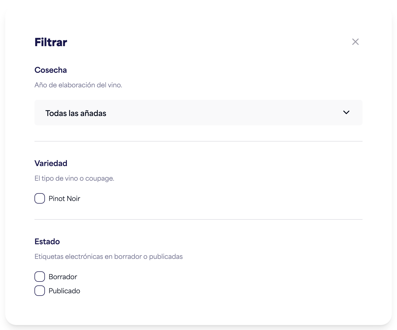 El panel de Filtrar con opciones de cosecha, variedad y estado